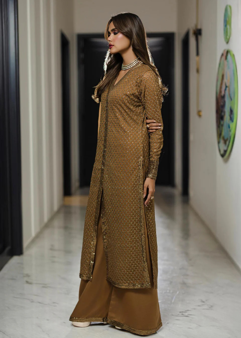 chiffon Kurta Set in Oak brown