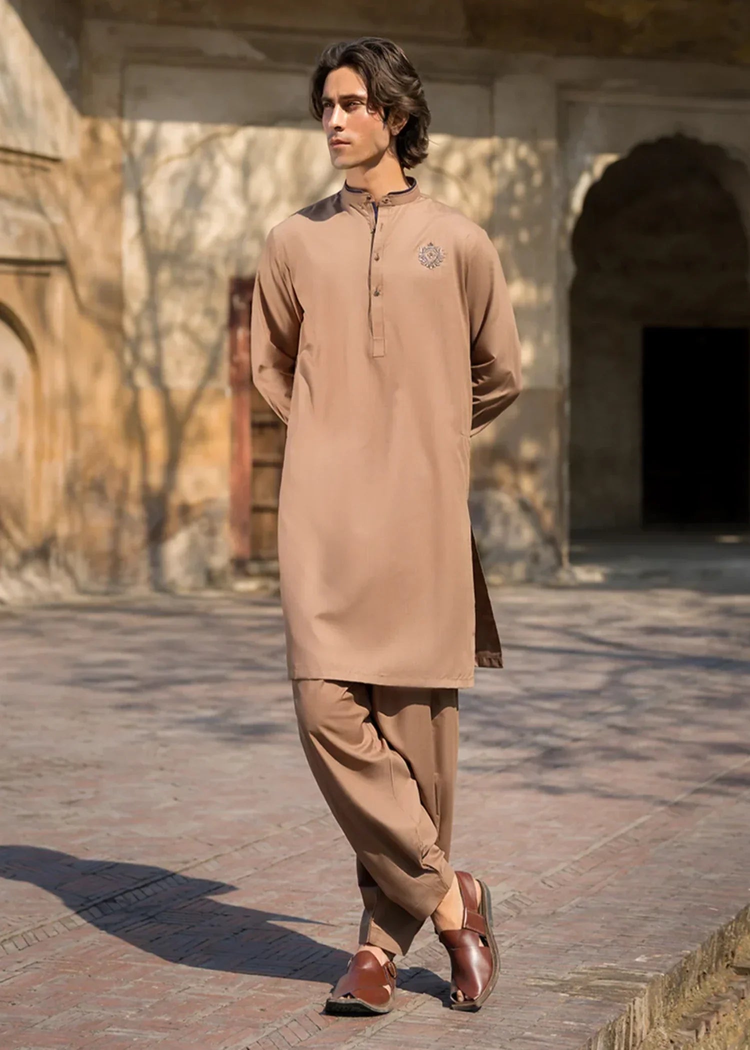 cotton Shalwar Kameez in Almond brown