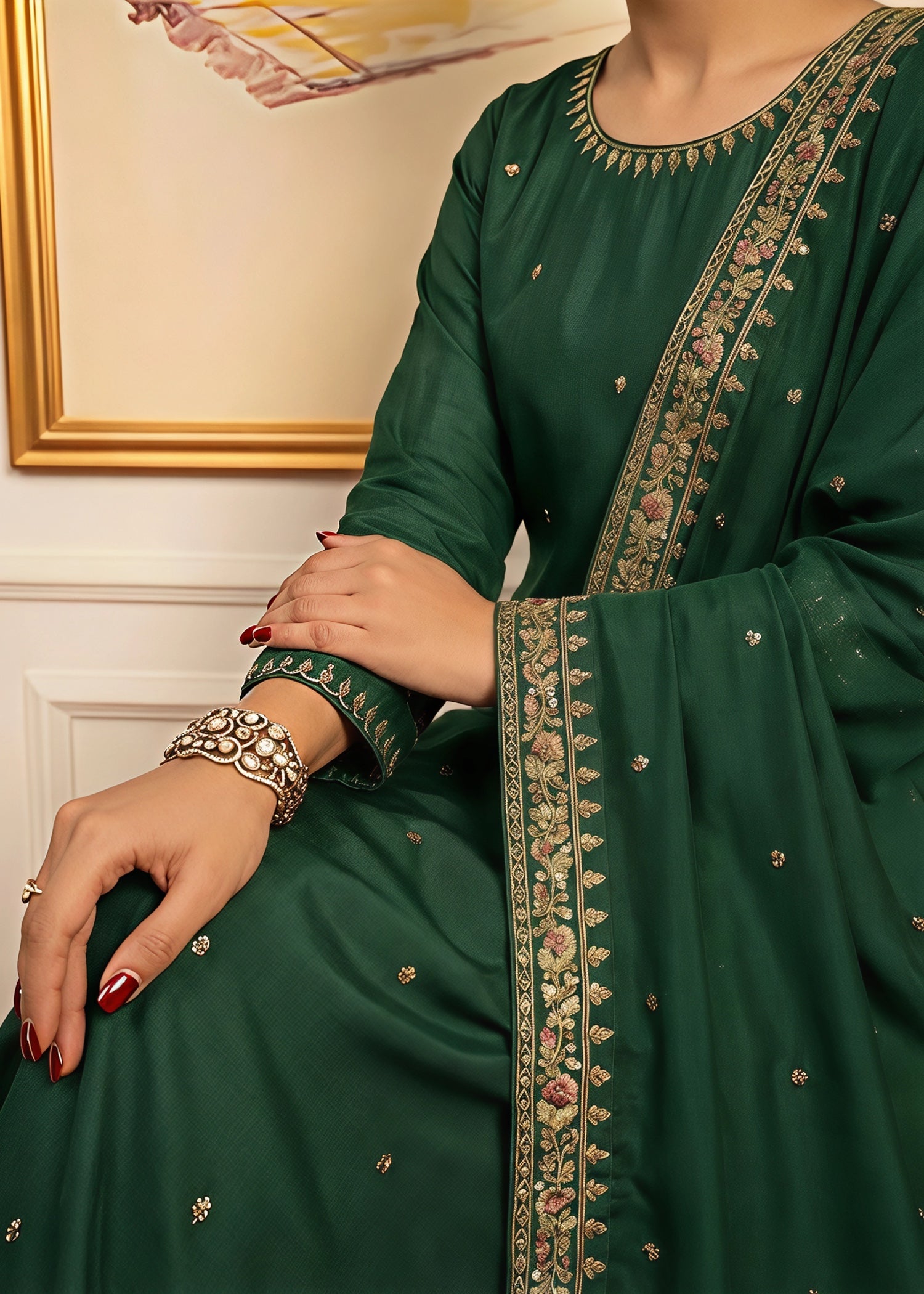 silk Kurta Set in Dark green