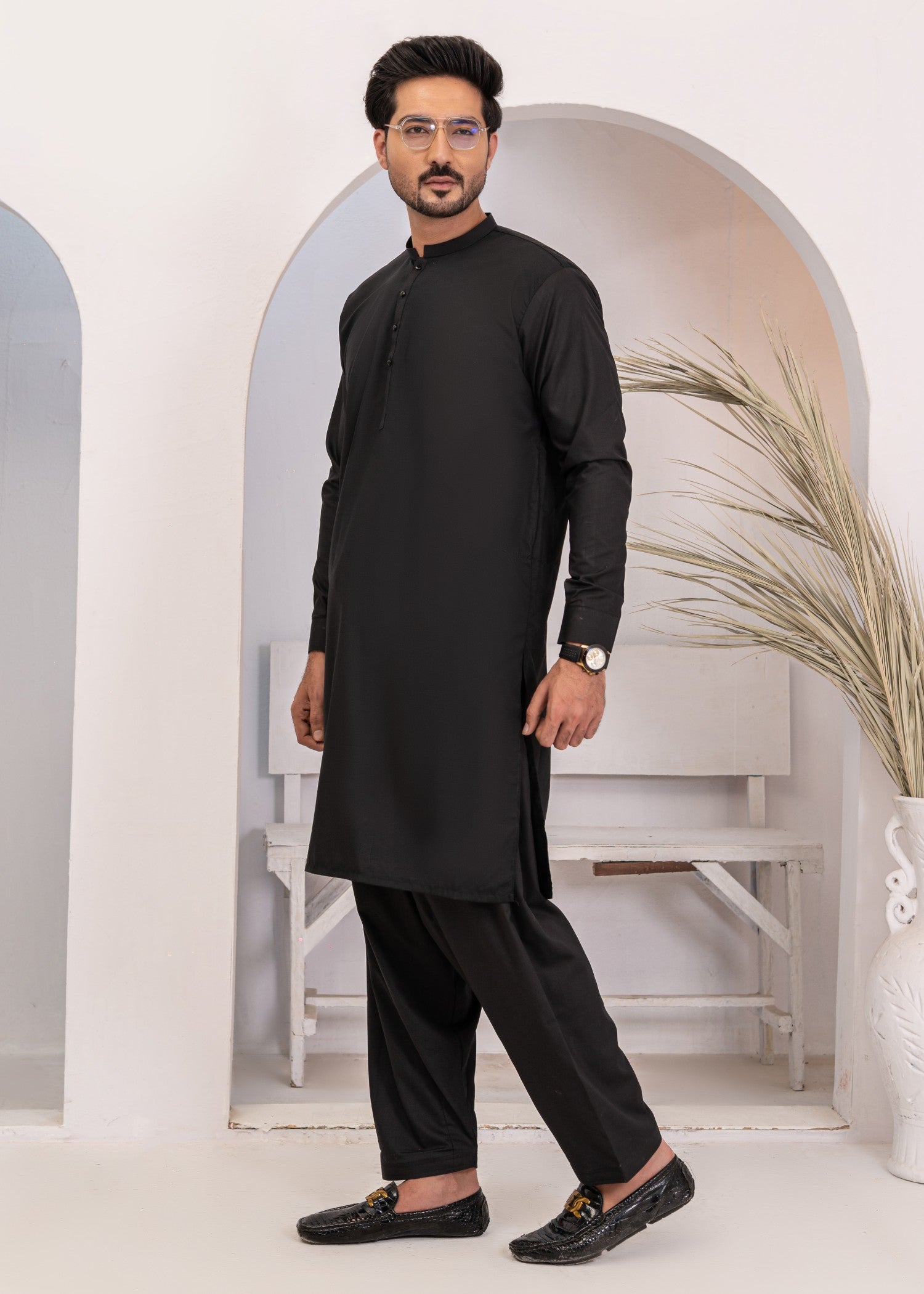 wash & wear Shalwar Kameez in Black by Hassan Jee Men