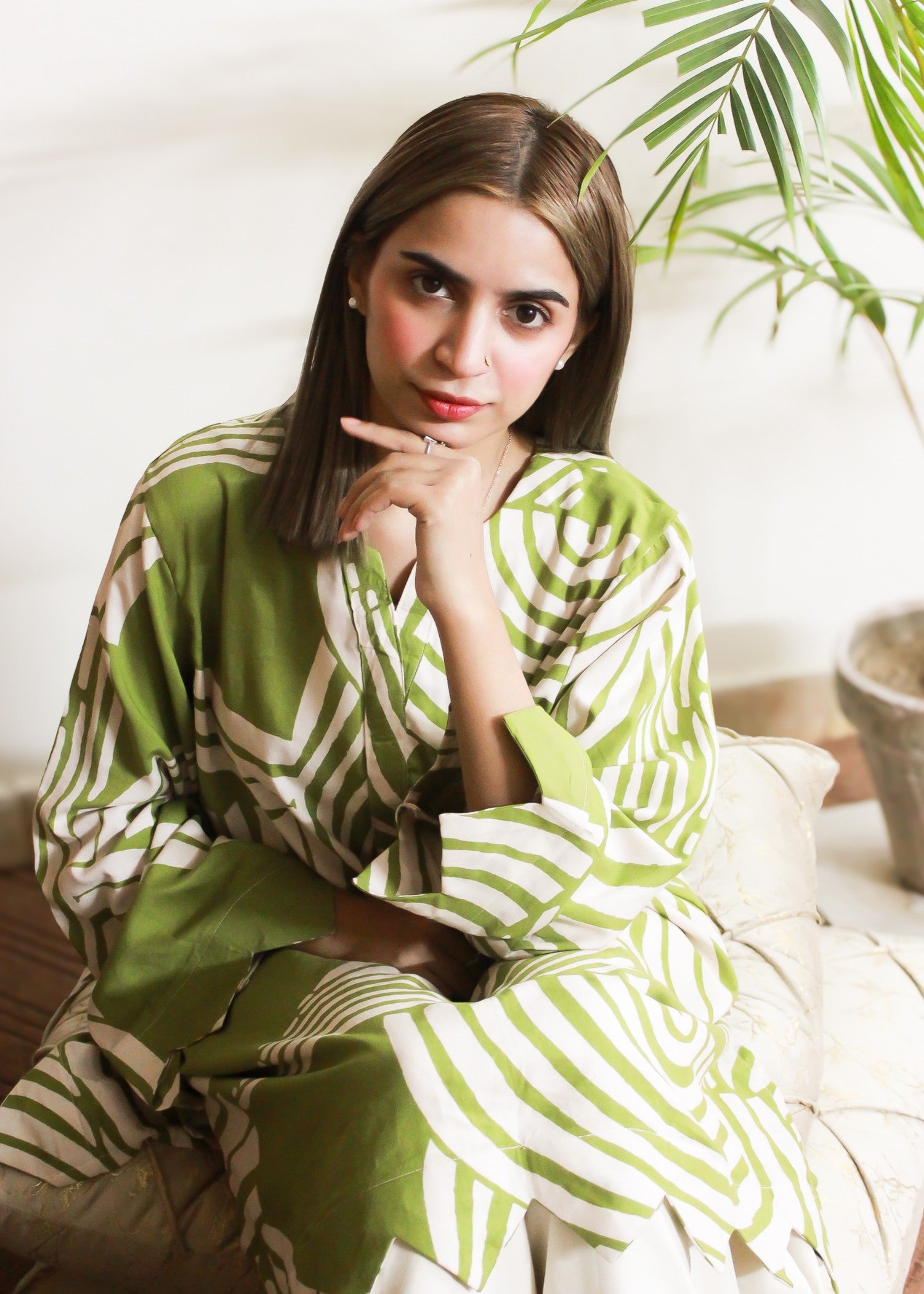 linen Kurti in Ivory, herb green