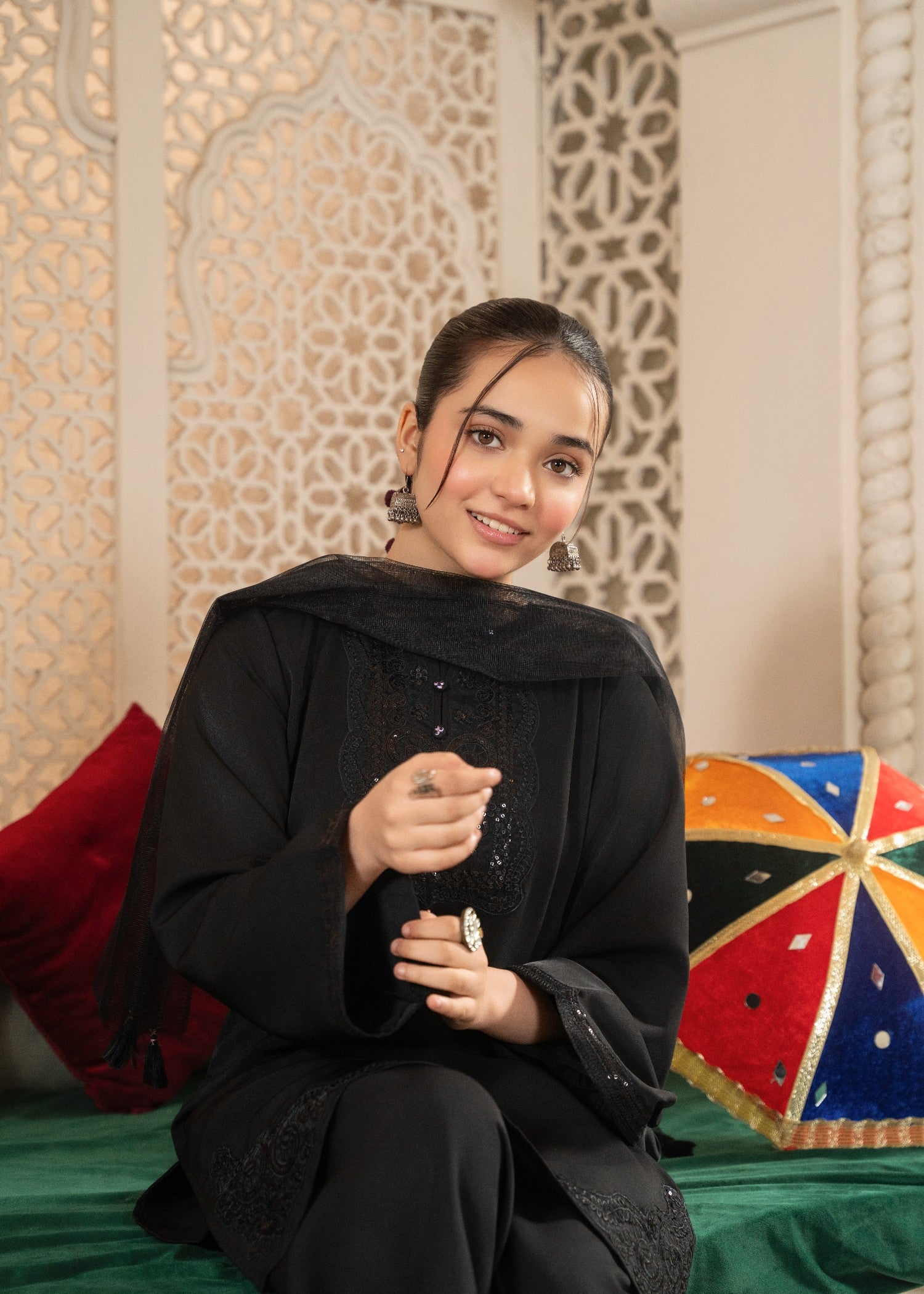 poly silk cotton net Kurta Set in Black