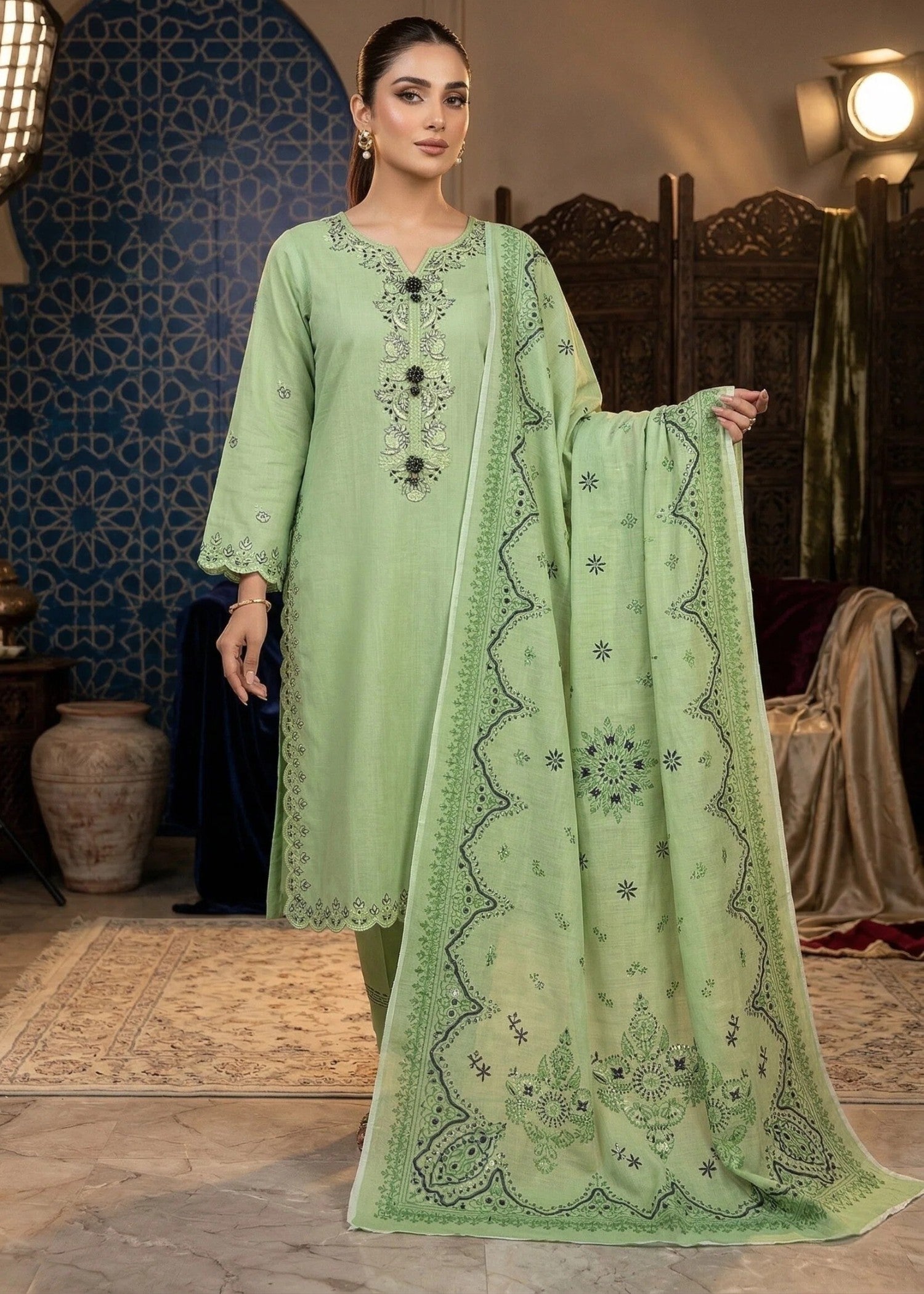 cambric cotton Kurta Set in Pistachio green