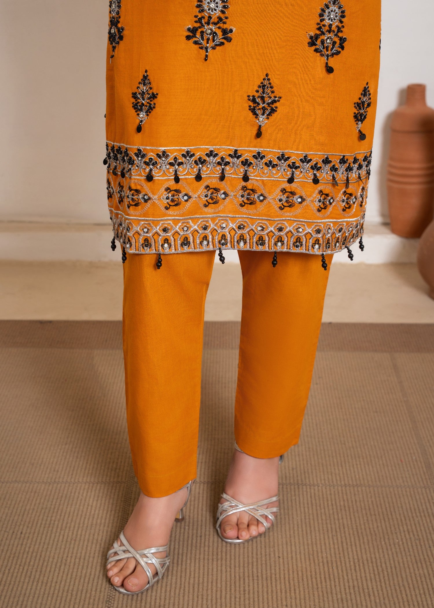 cambric cotton Kurta Set in Orange