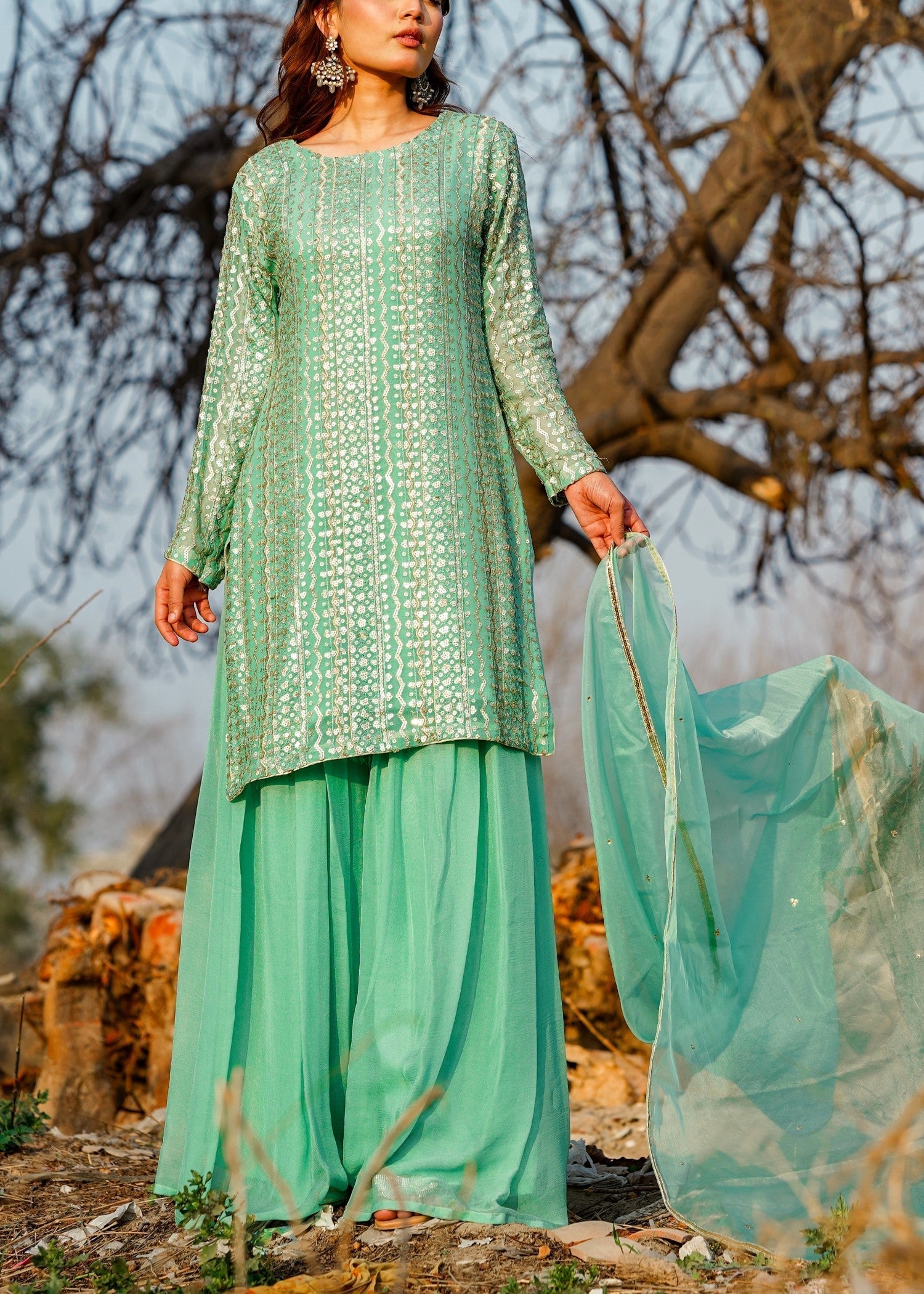 bemberg crinkle chiffon Sharara in Moss green