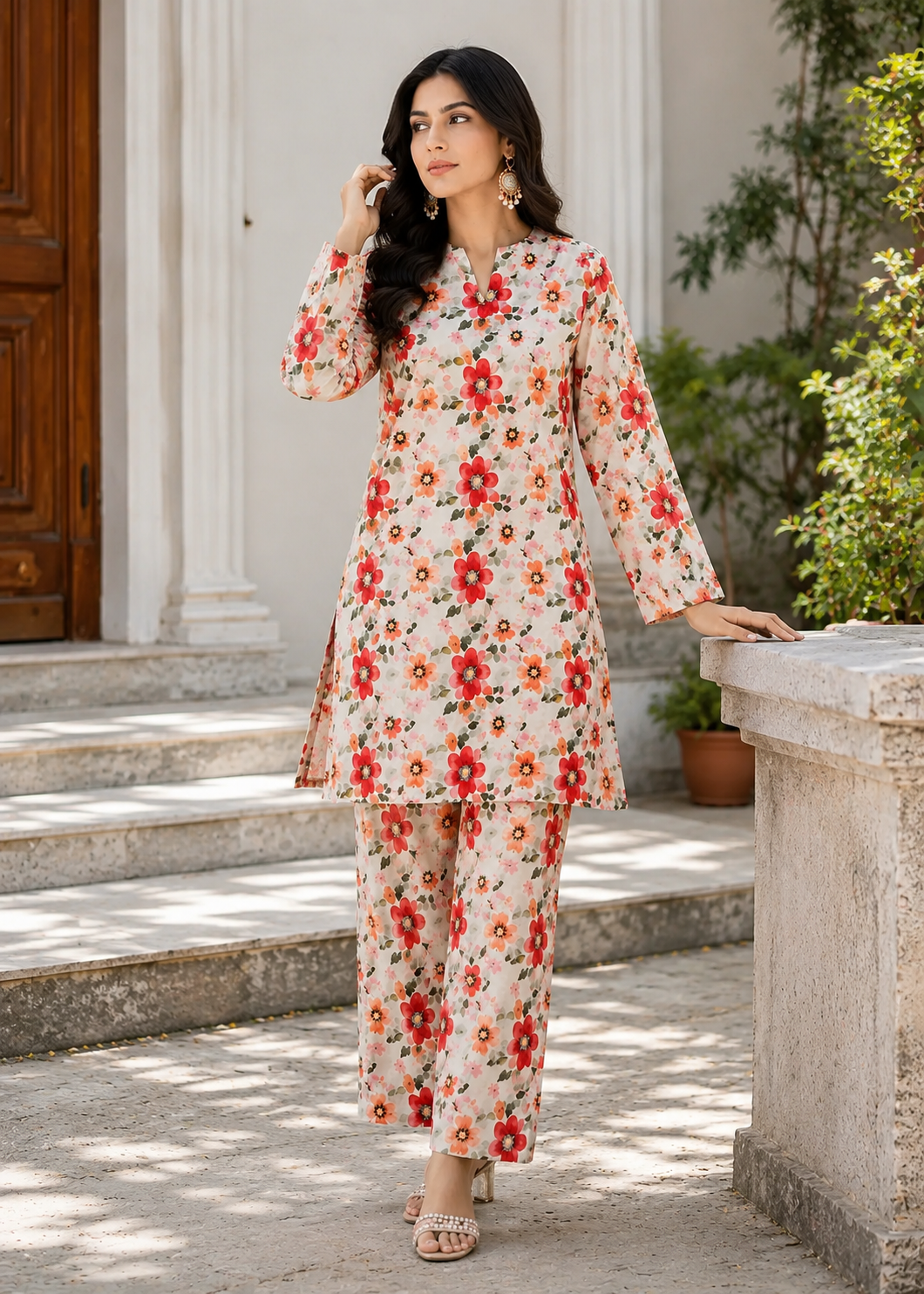 lawn Unstitched in Rose red, floral white