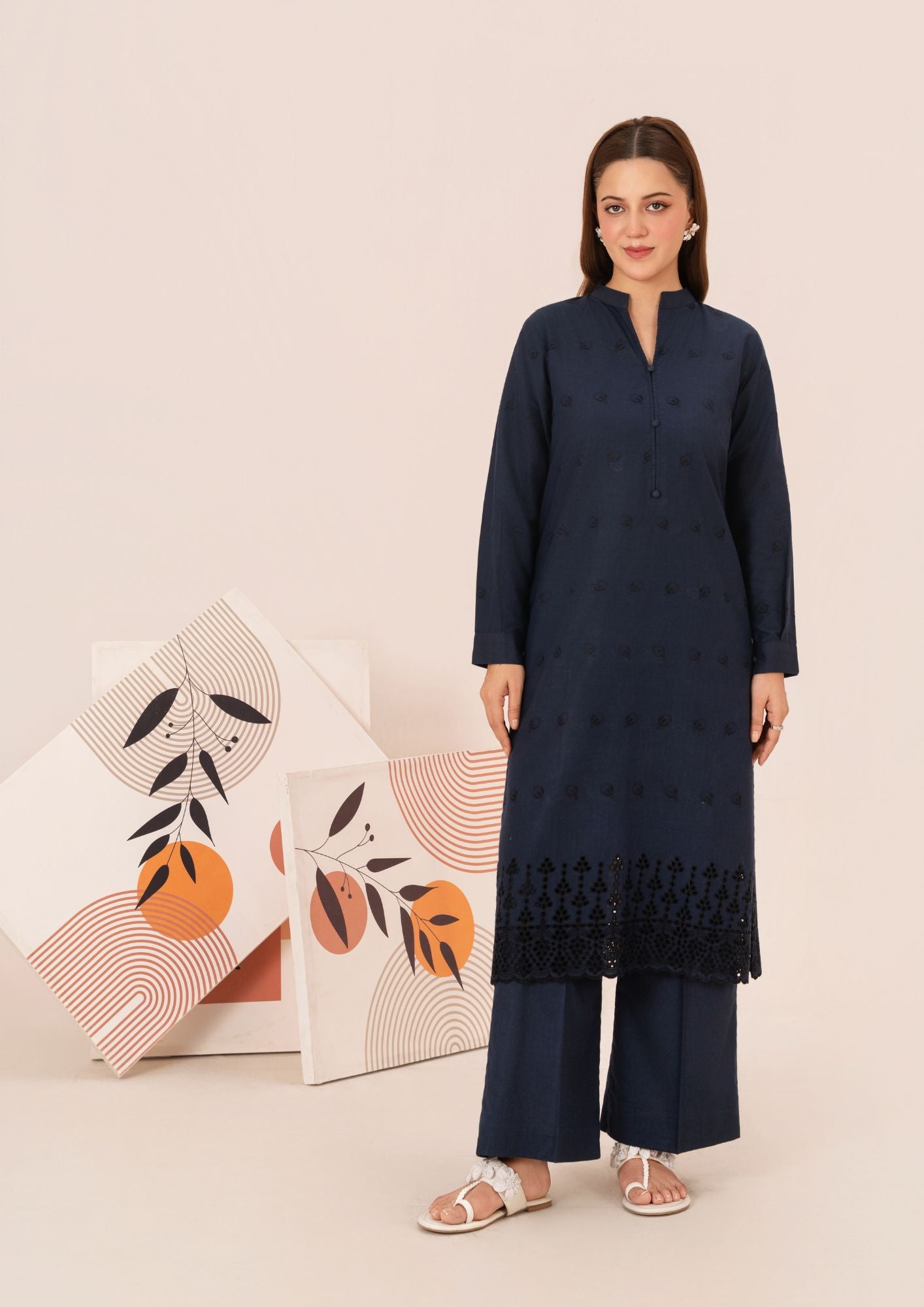 cambric Kurta Set in Navy blue