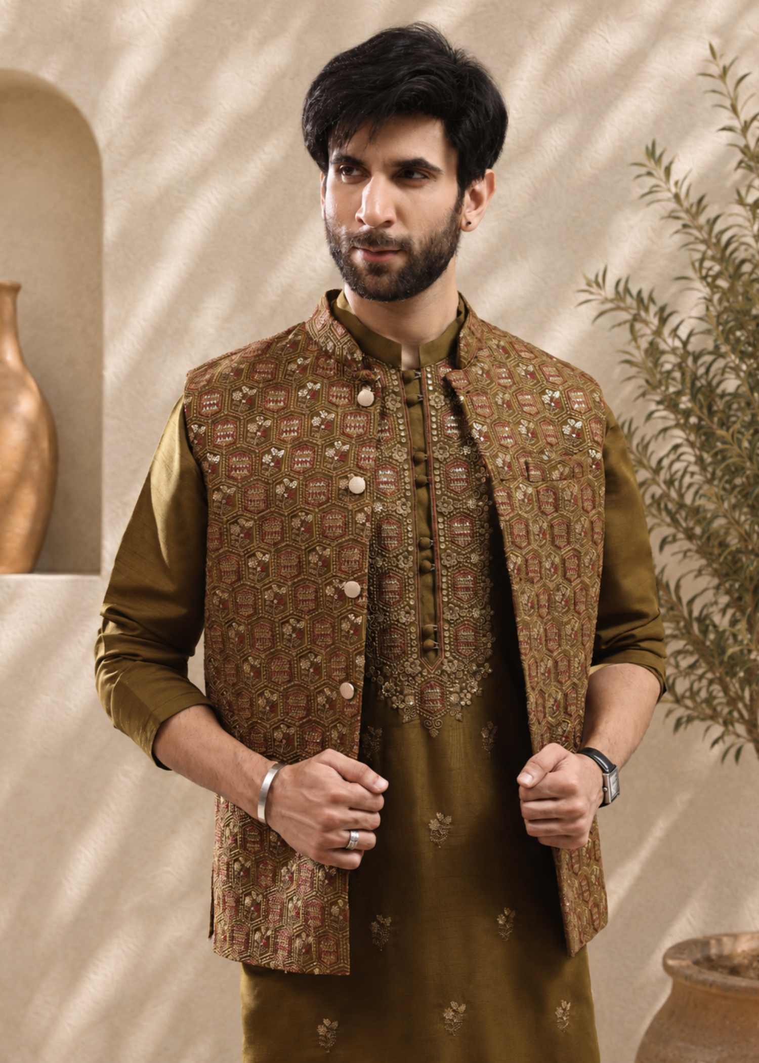 raw silk Waistcoat in Olive green by The Great Masters (TGM)