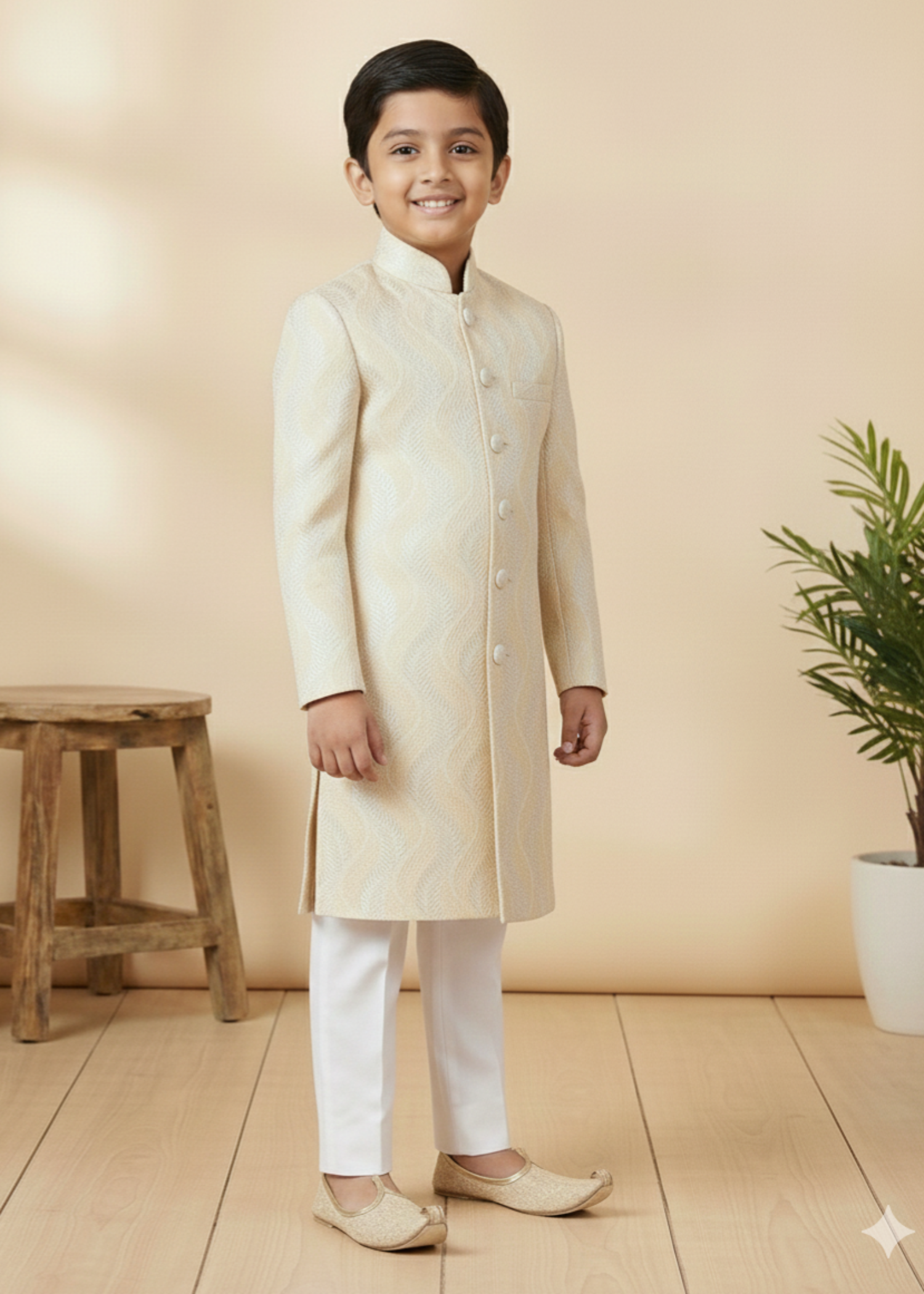 jamawar Sherwani in Cream