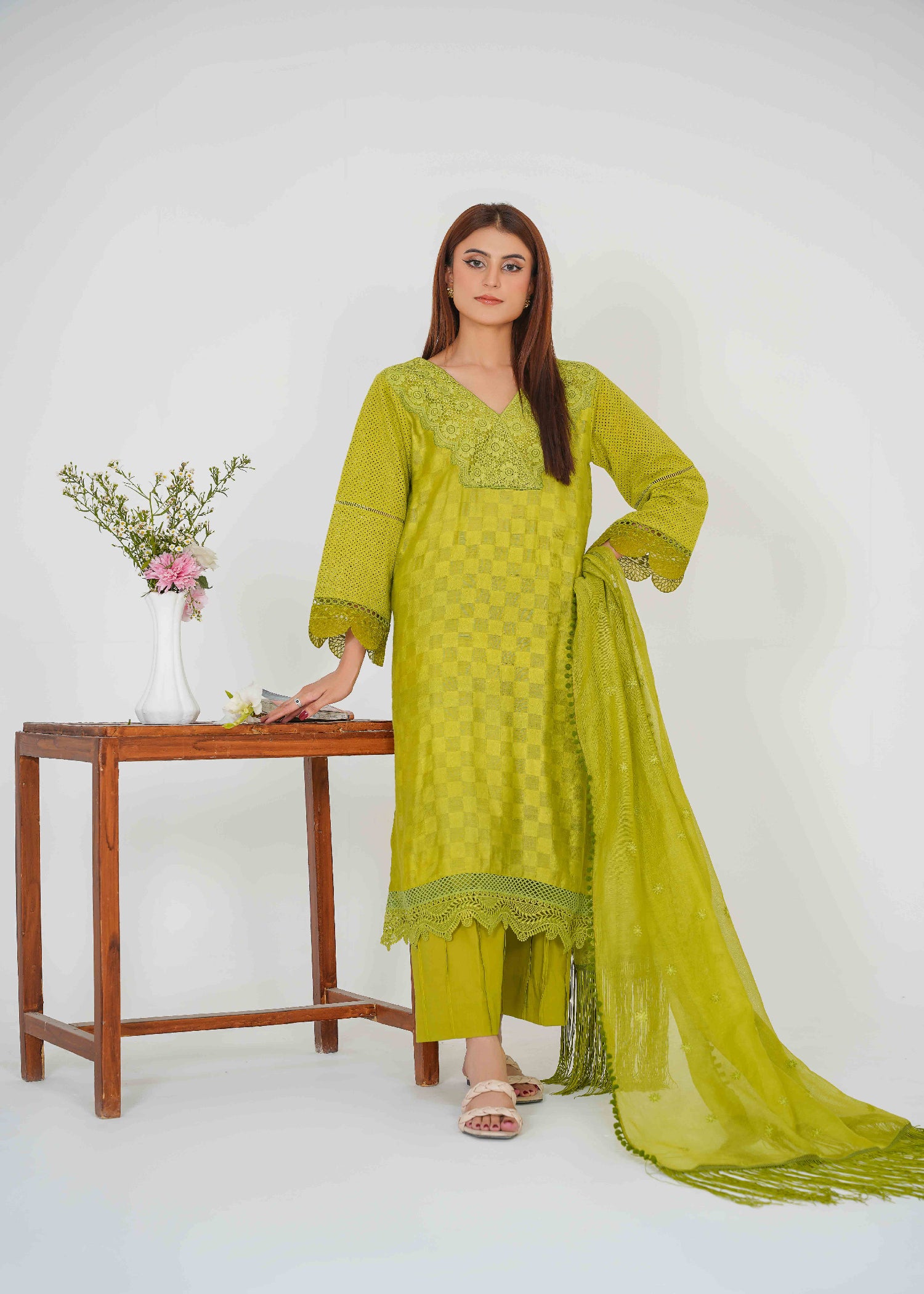 cotton silk Kurta Set in Apple green