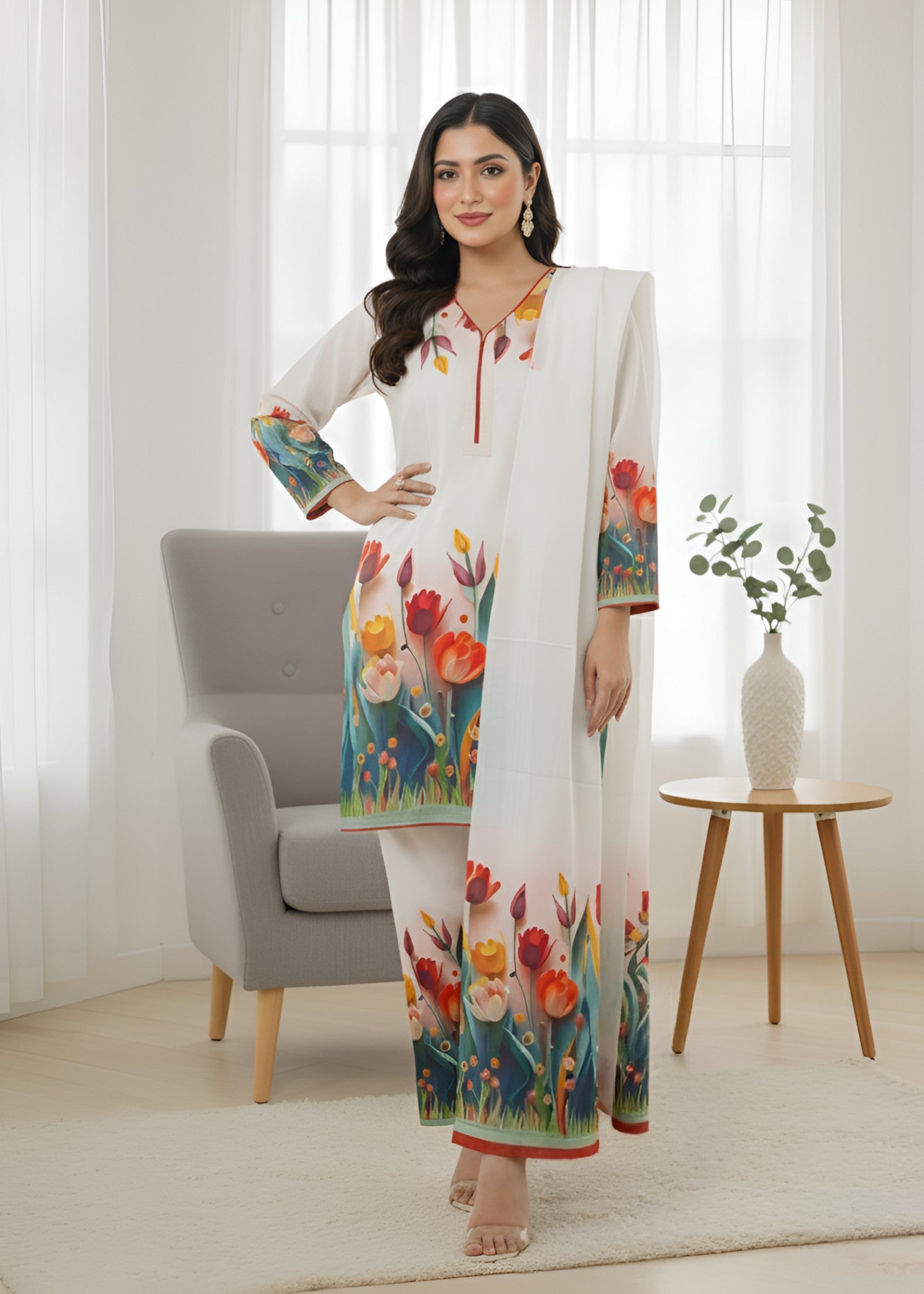 crepe Kurta Set in Off-white