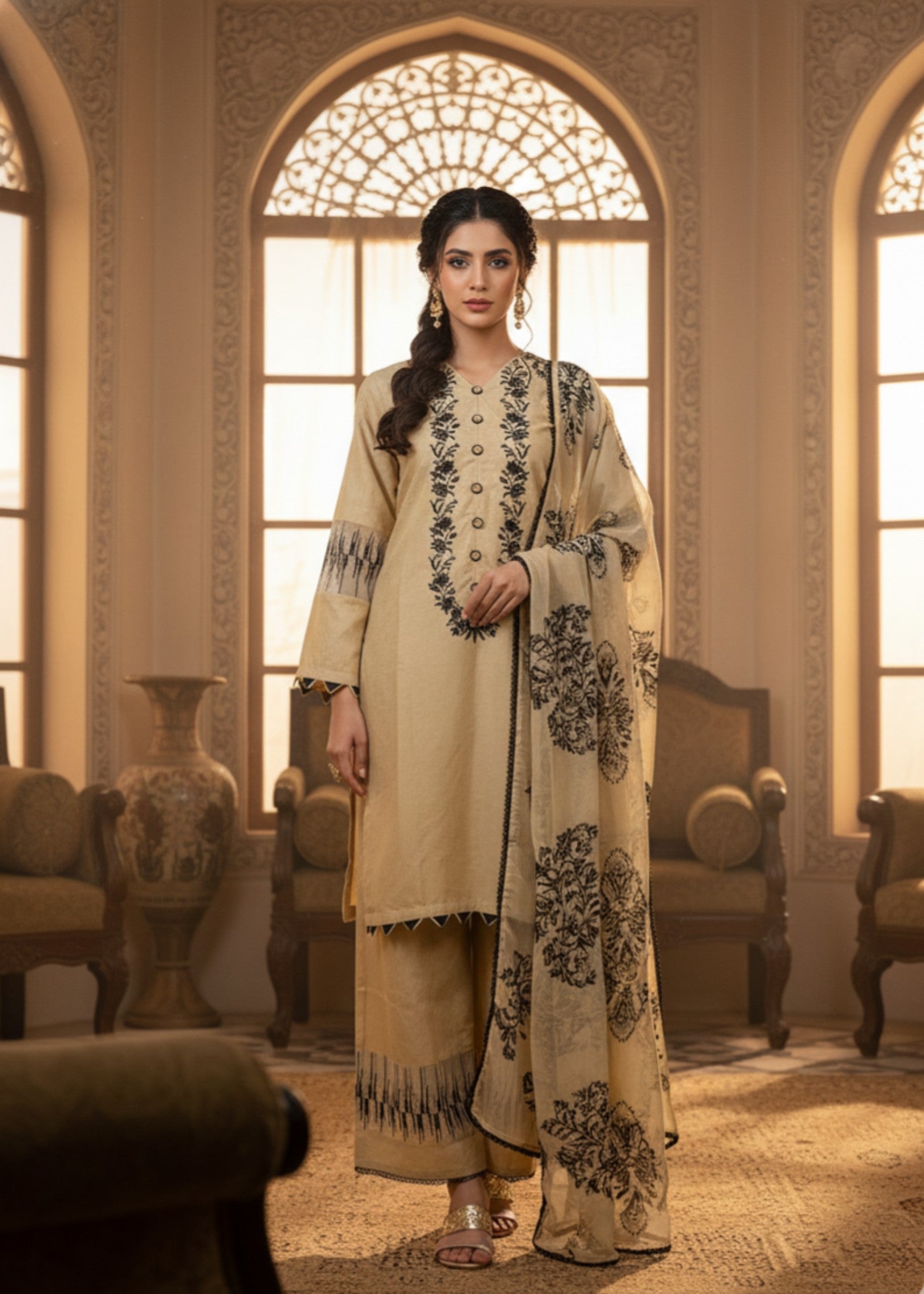 poly viscose Kurta Set in Beige