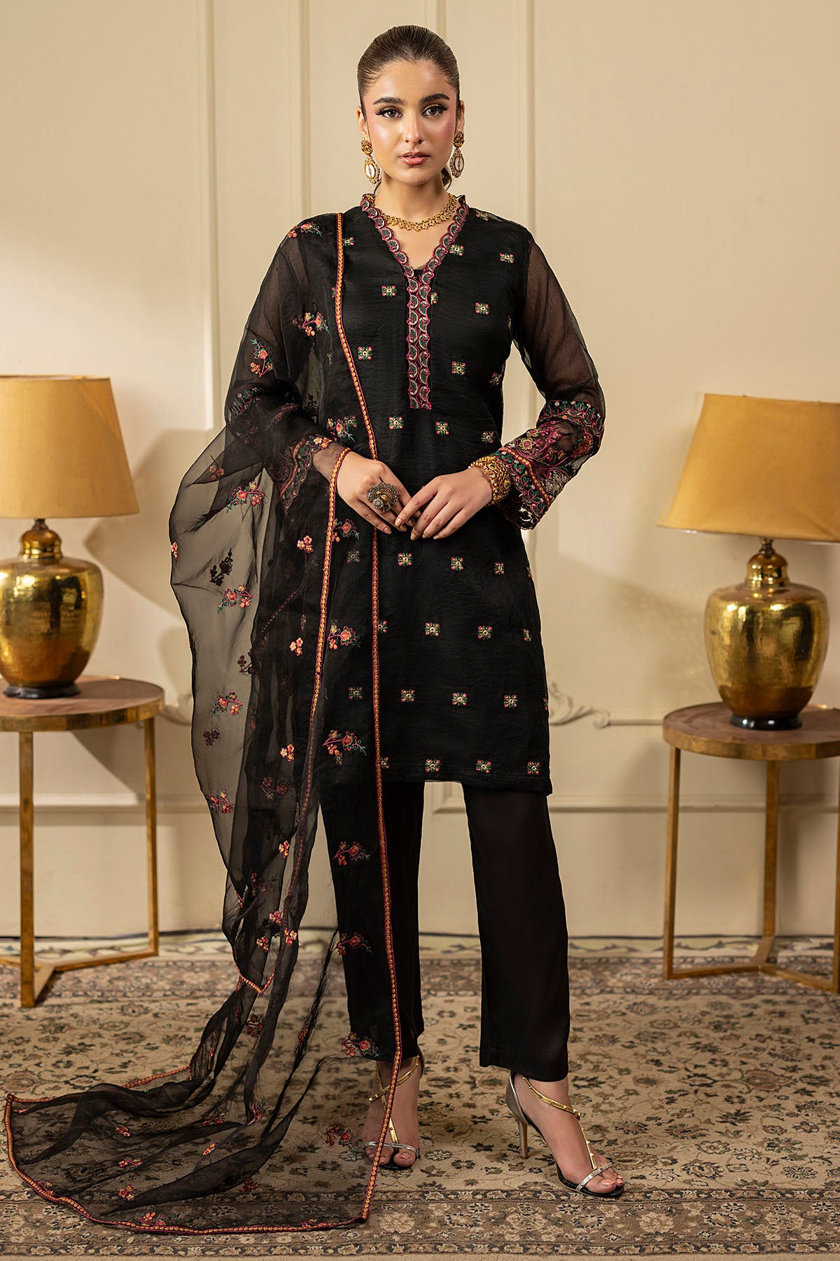 silk cotton net Kurta Set in Black