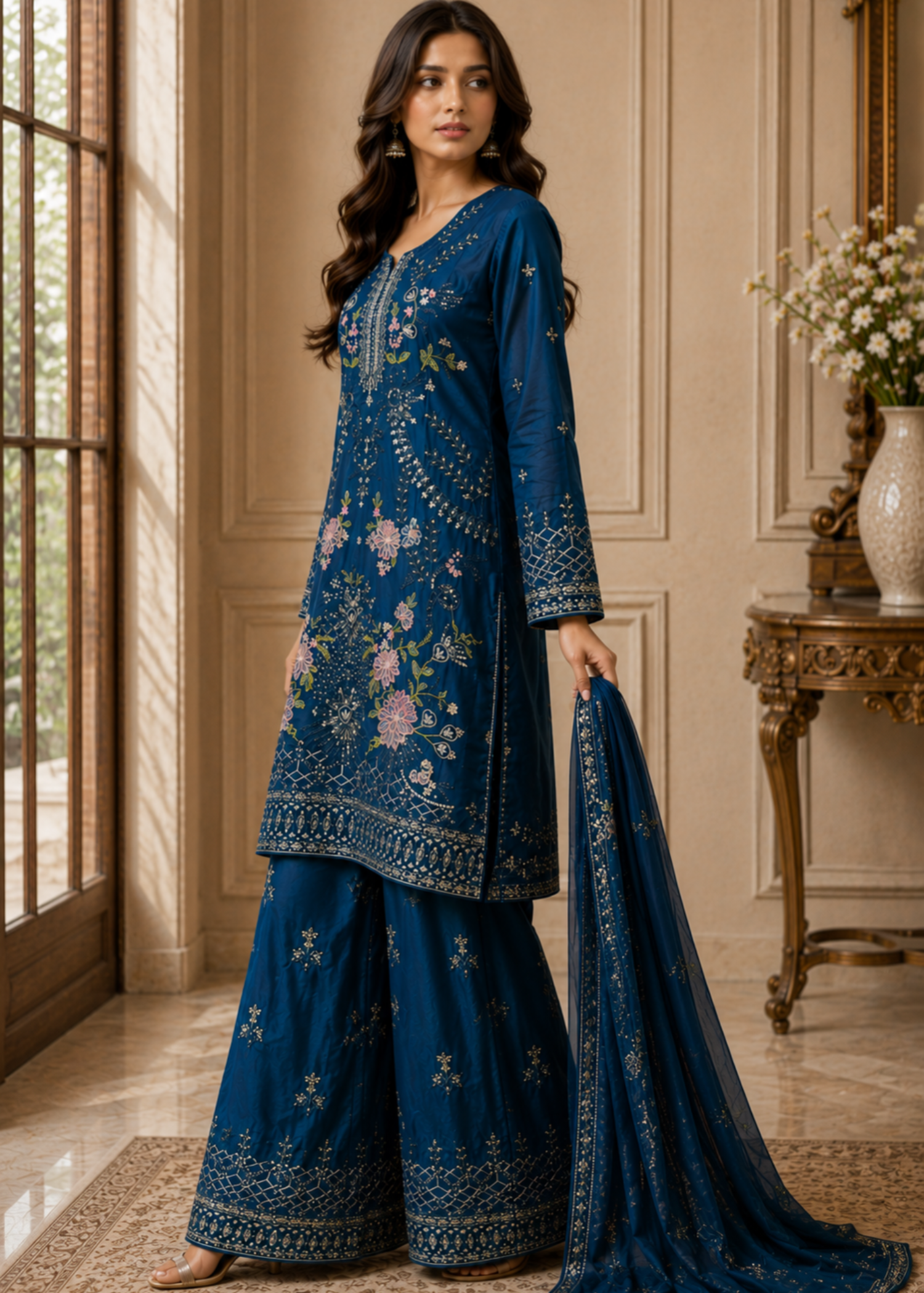 chiffon Kurta Set in Sapphire blue