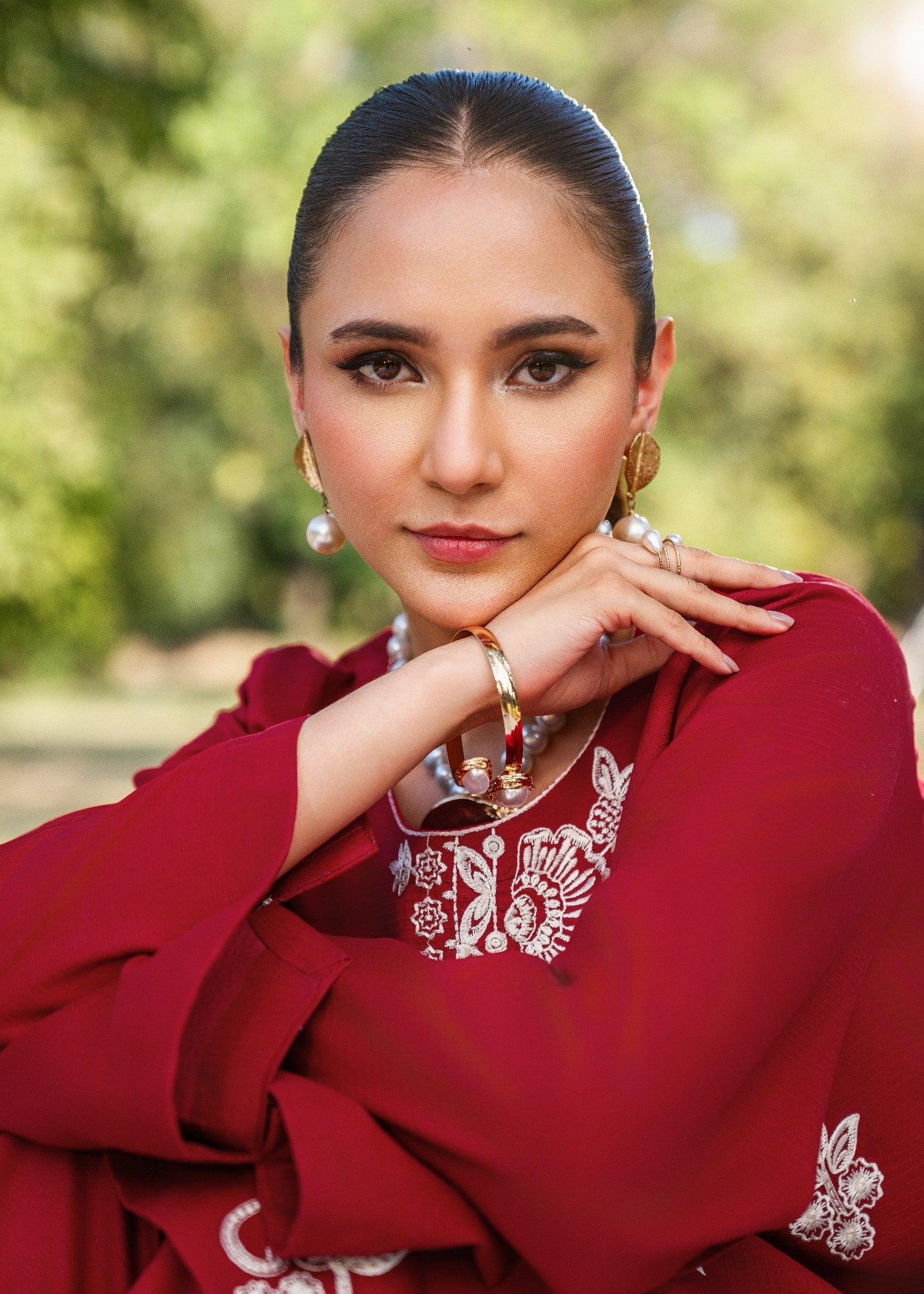textured lawn Kurta Set in Carmine