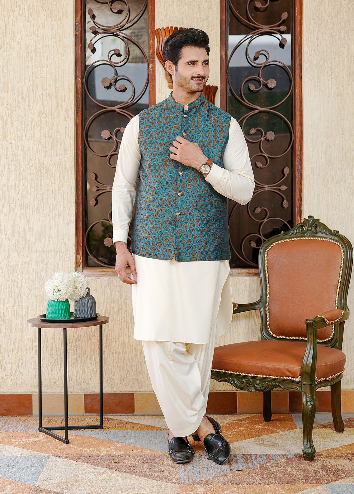 traditional jamawar Waistcoat in Multi by Real Image Clothing