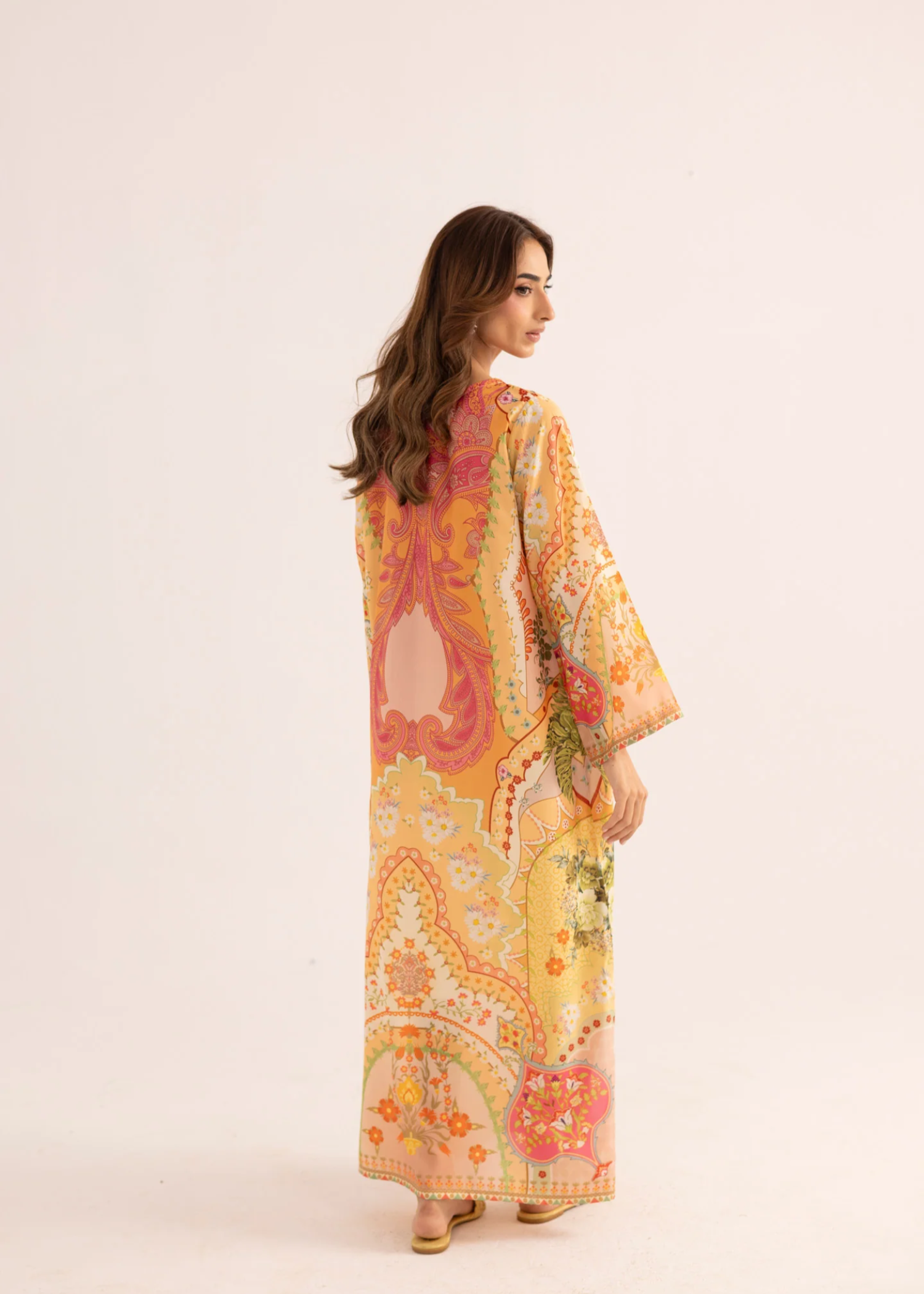 silk finish lawn Kaftan in Honey