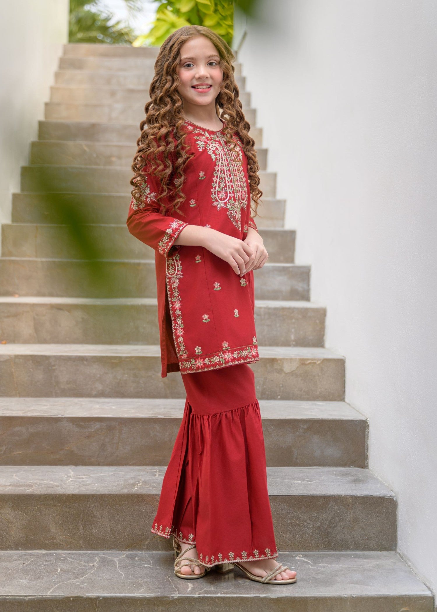 lawn Gharara in Red
