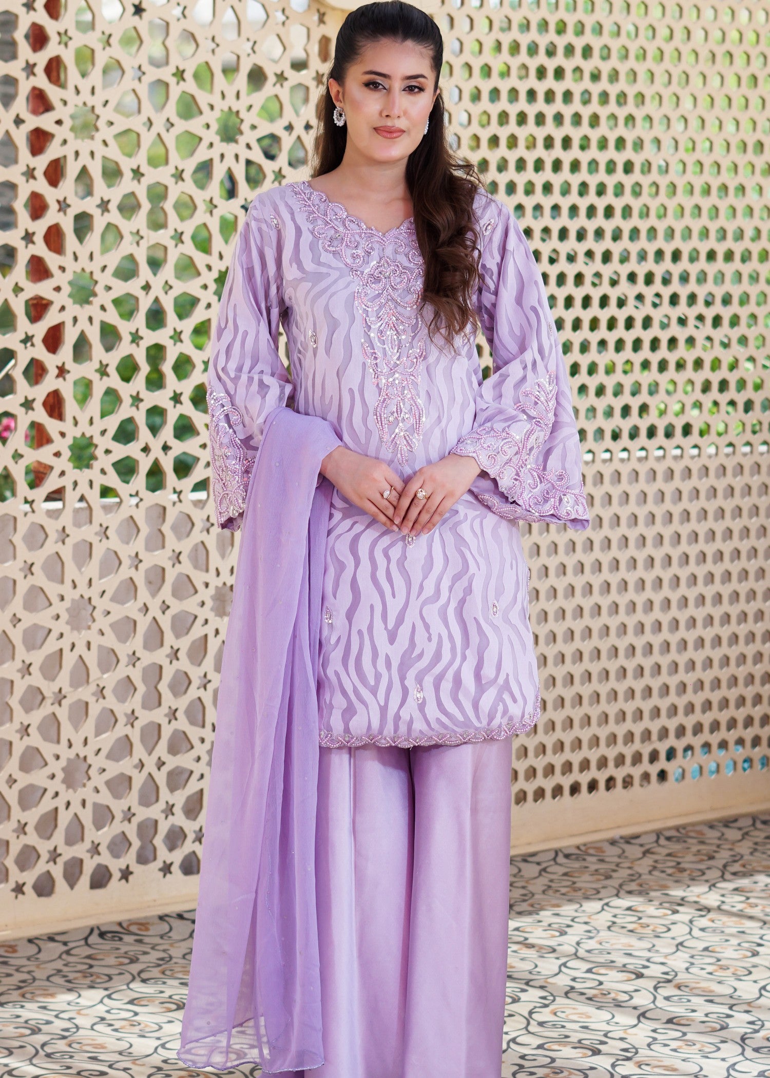 jacquard chiffon Kurta Set in Purple ash