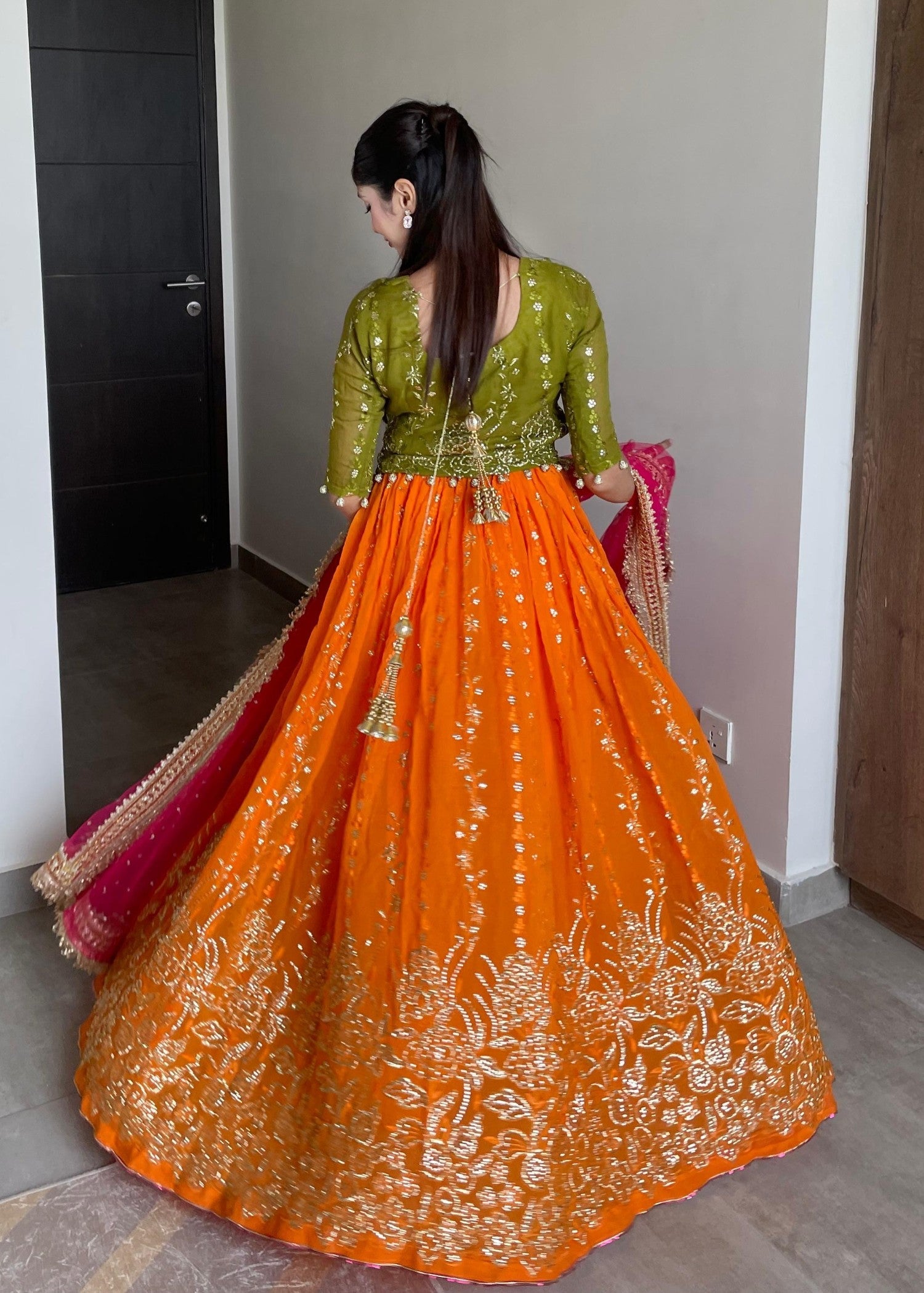 bemberg crinkle chiffon Lehenga in Hot pink, olive green, orange