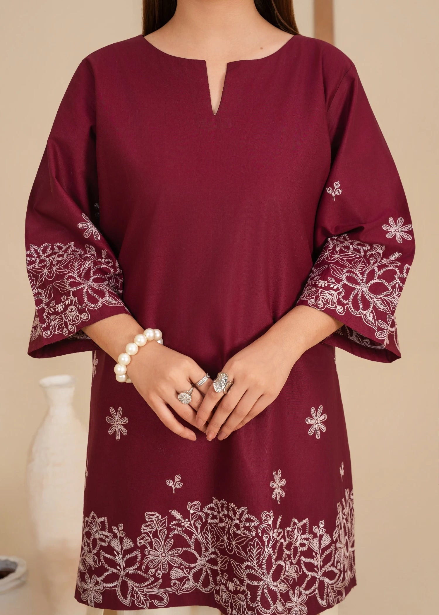 lawn Kurta Set in Beige, burgundy