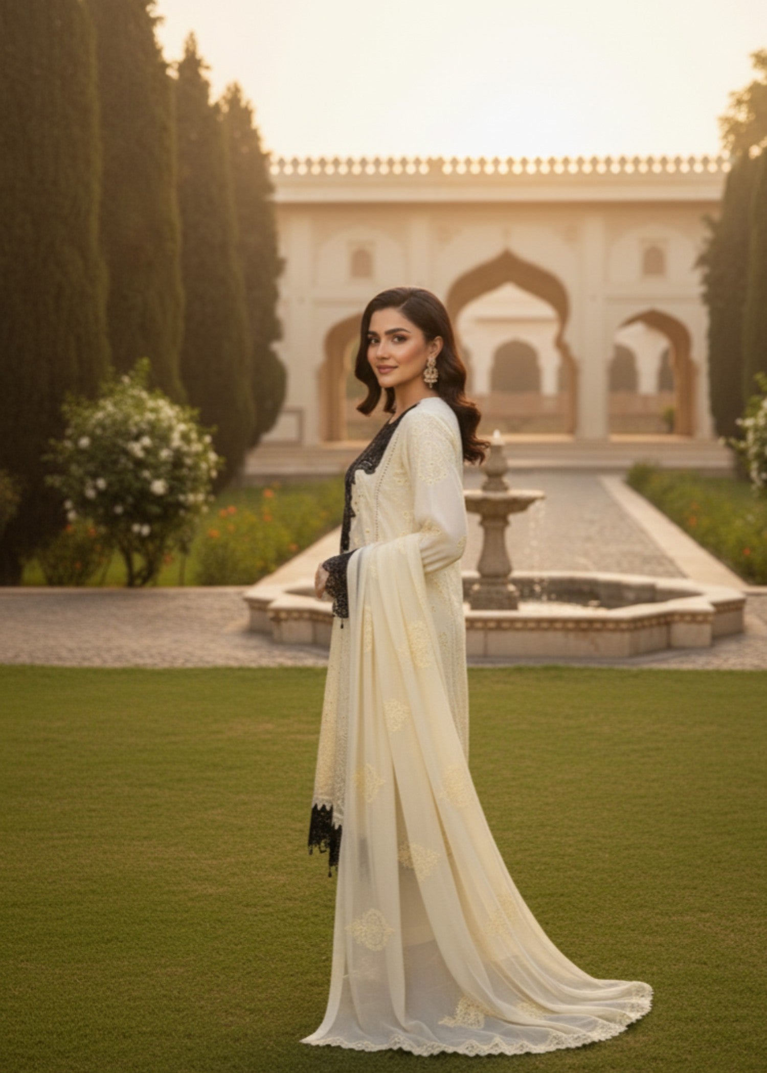 chiffon Kurta Set in Black, off-white