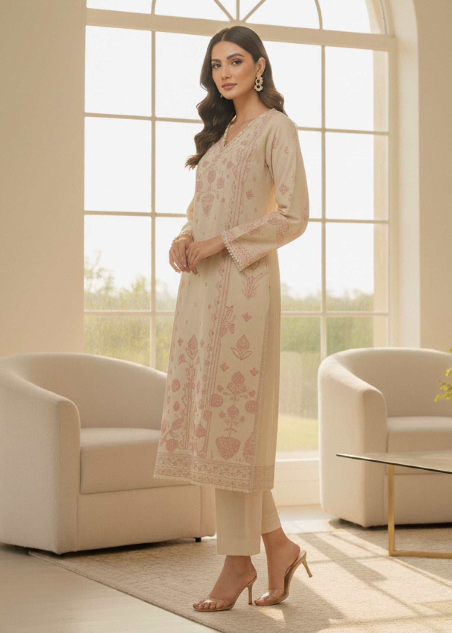 khaddar Kurta Set in Beige