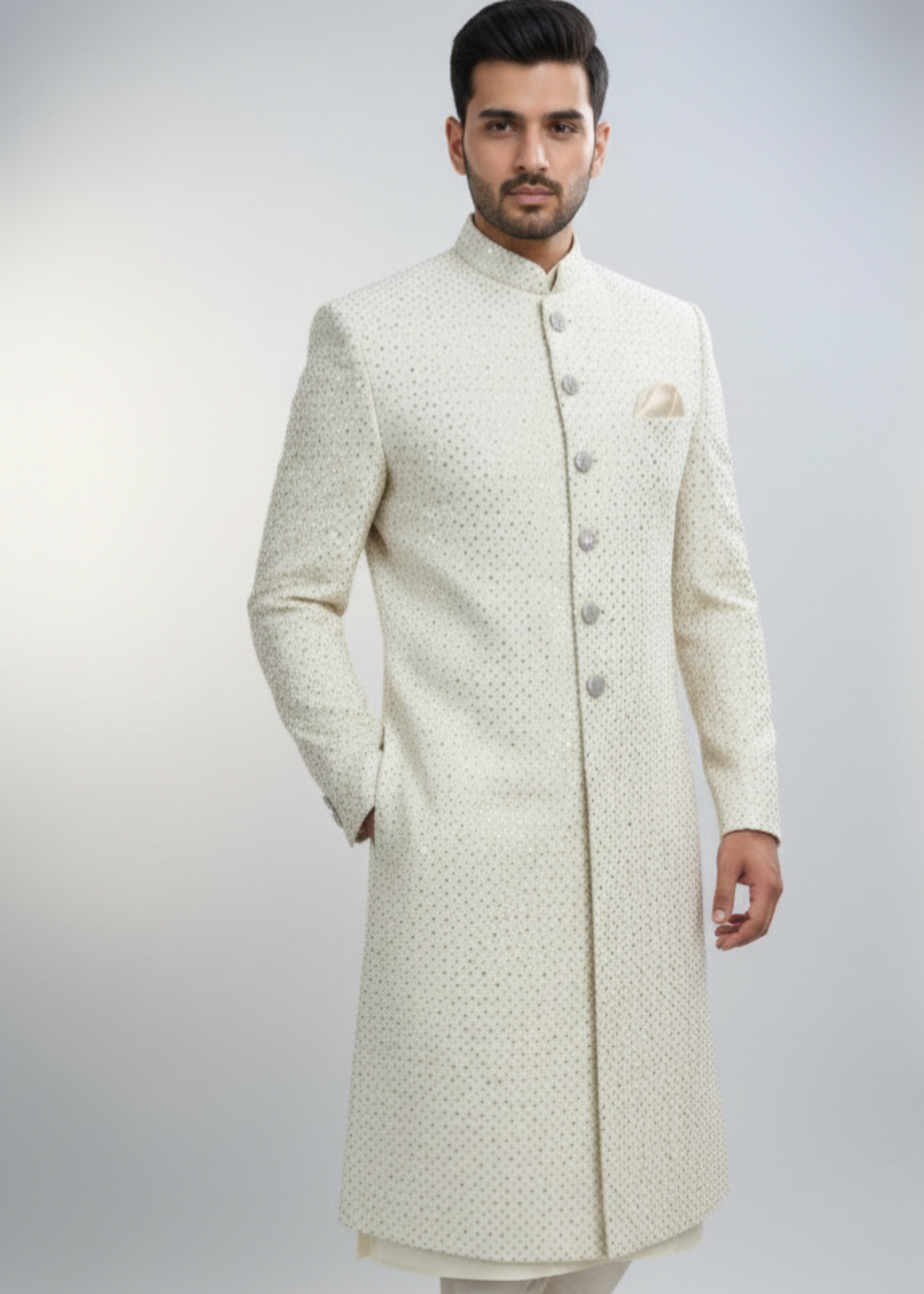 silk Sherwani in White, gold