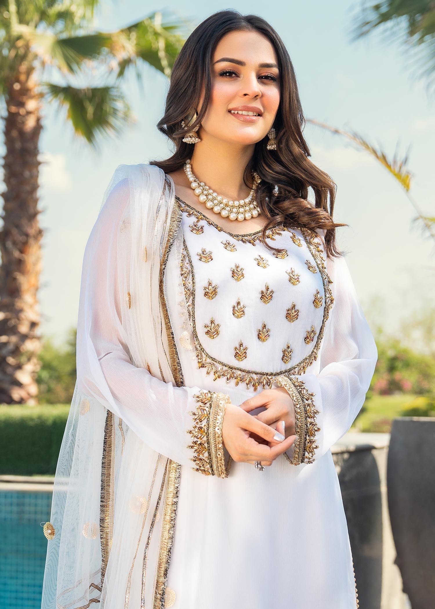 crinkle chiffon Kurta Set in White