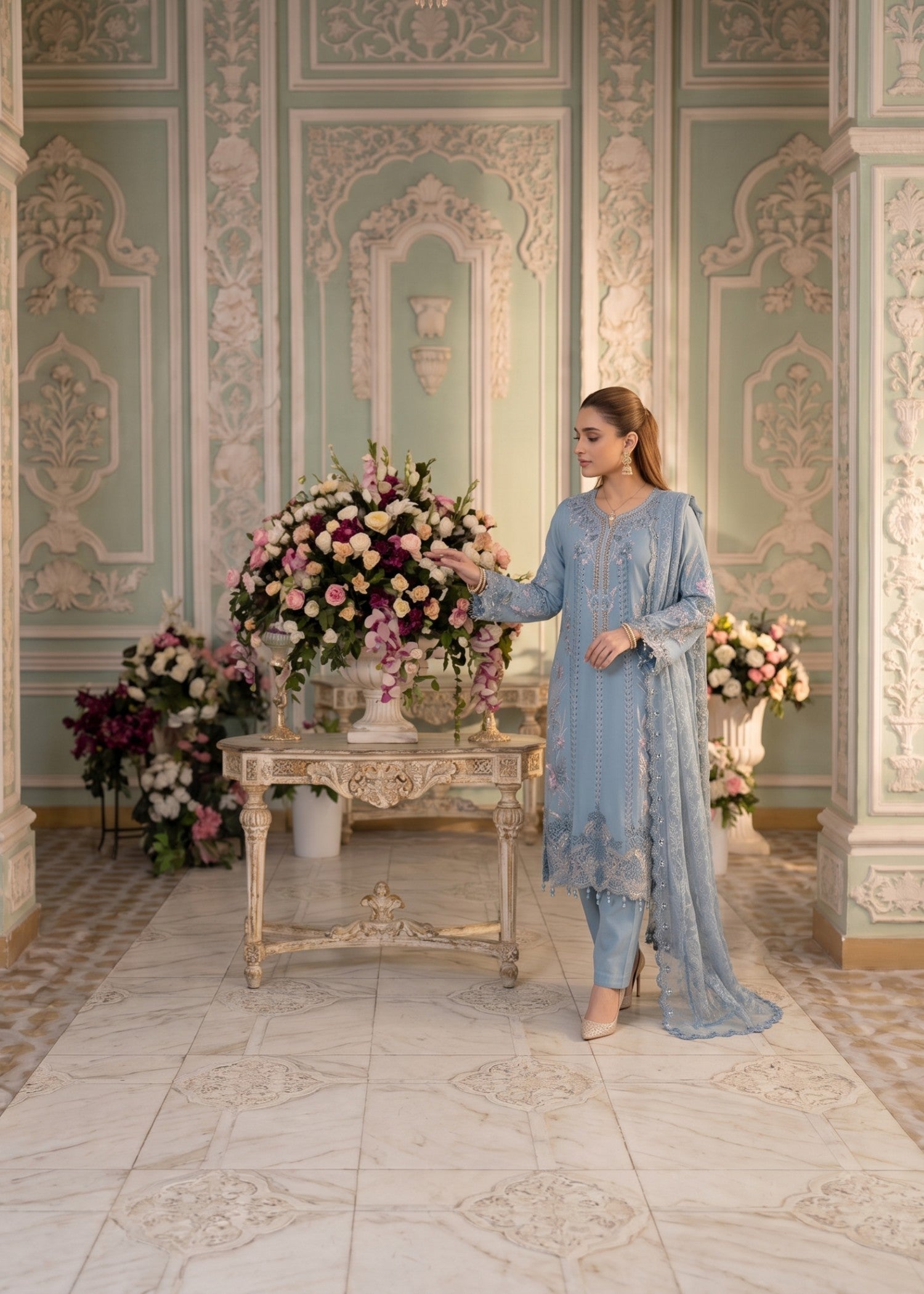 chiffon Kurta Set in Sky