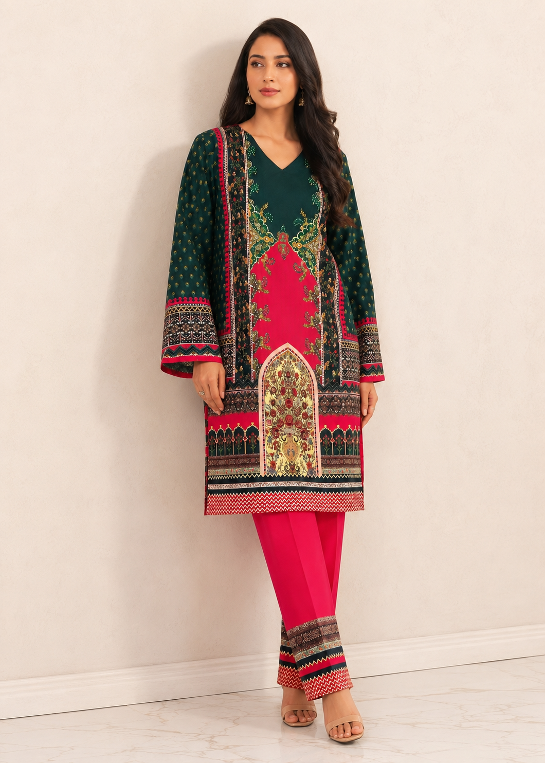 herringbone Kurta Set in Black, brick red