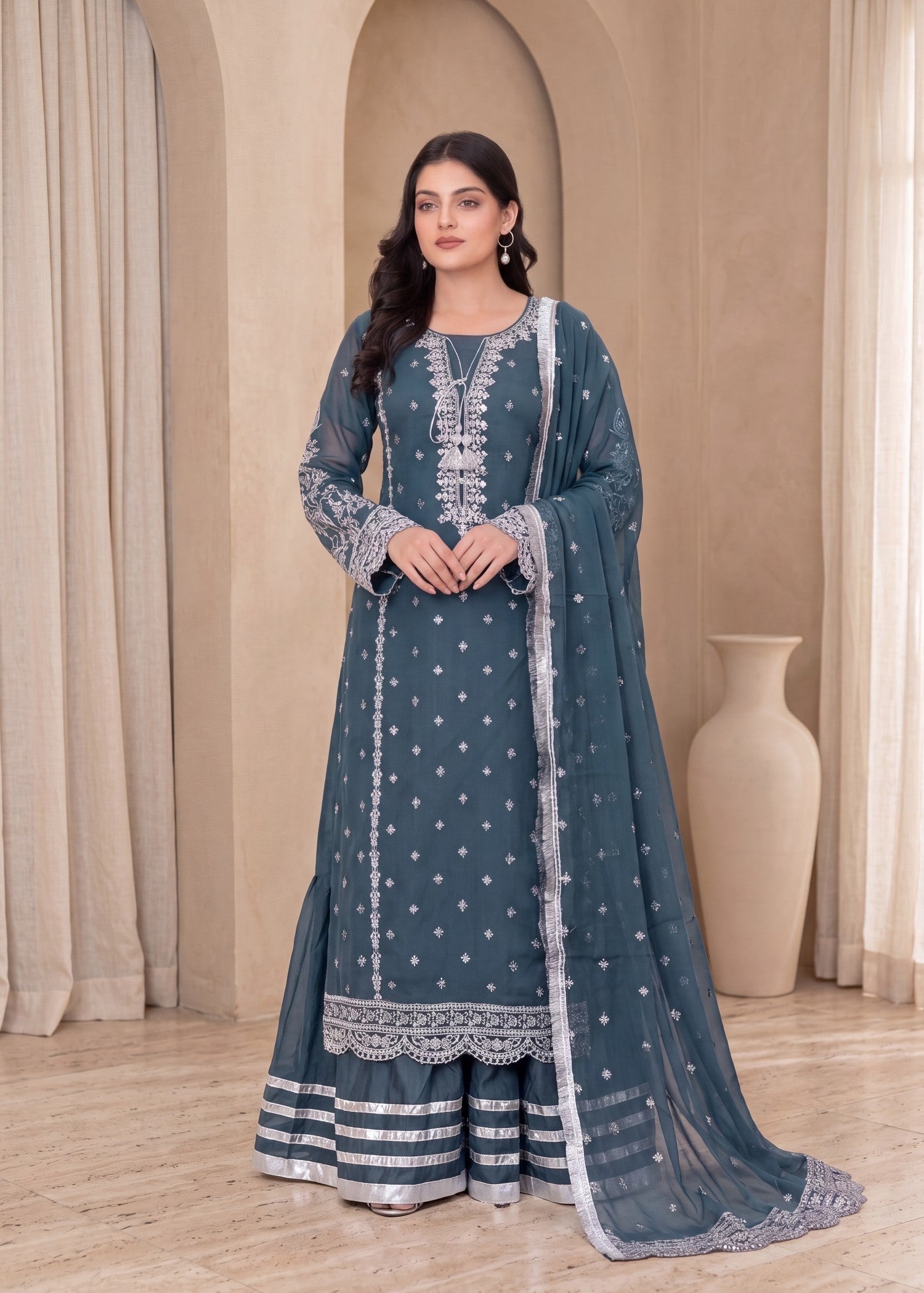 chiffon Gharara in Steel teal