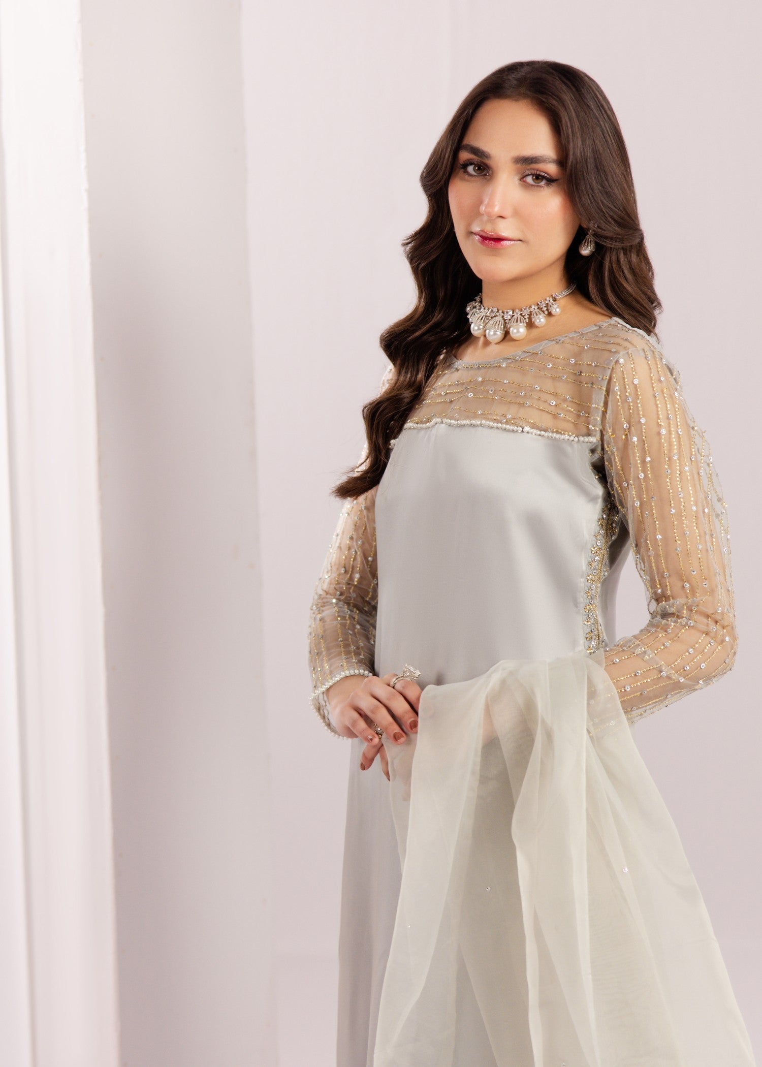 silk Kurta Set in Light grey
