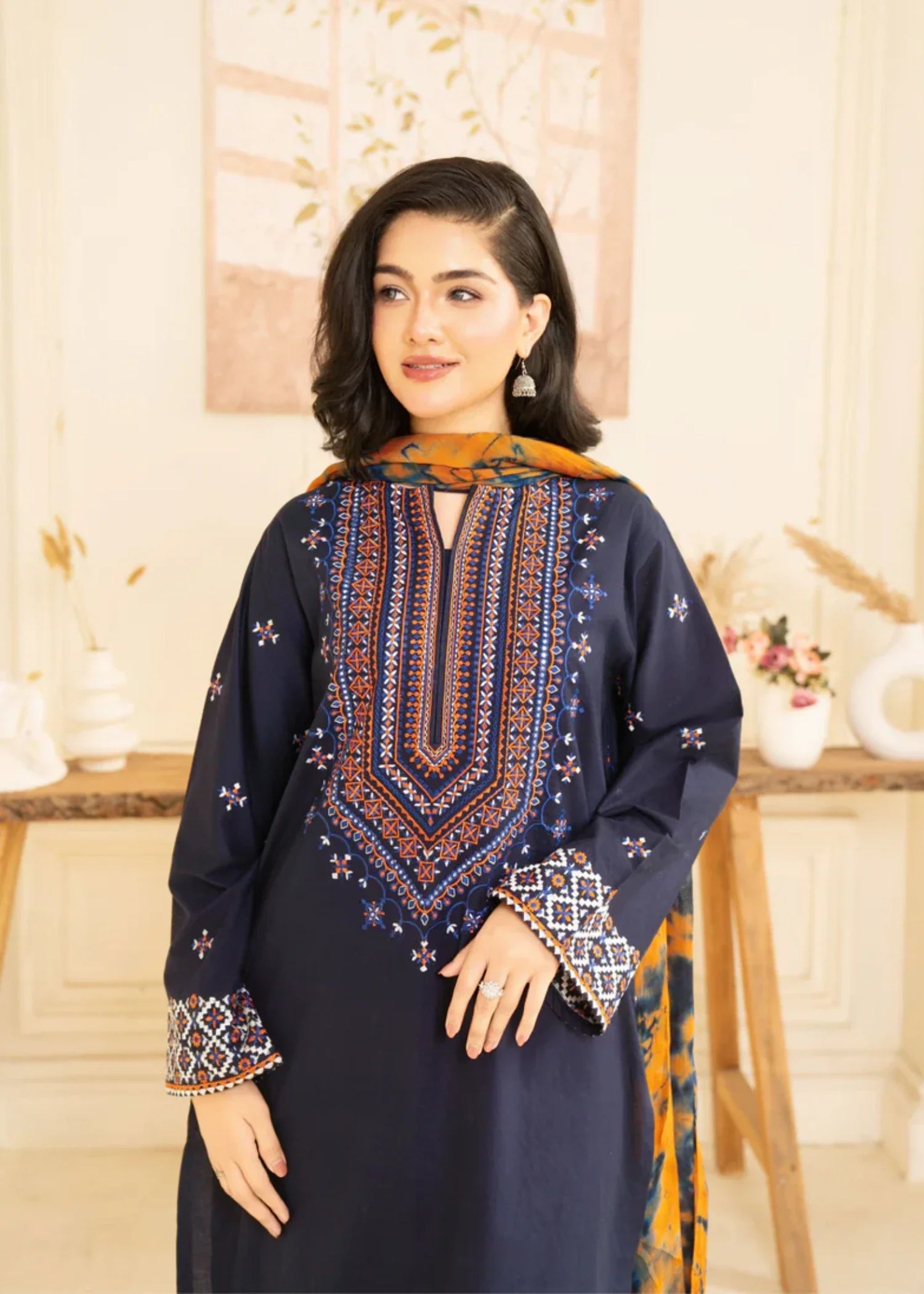 lawn cotton Kurta Set in Navy blue