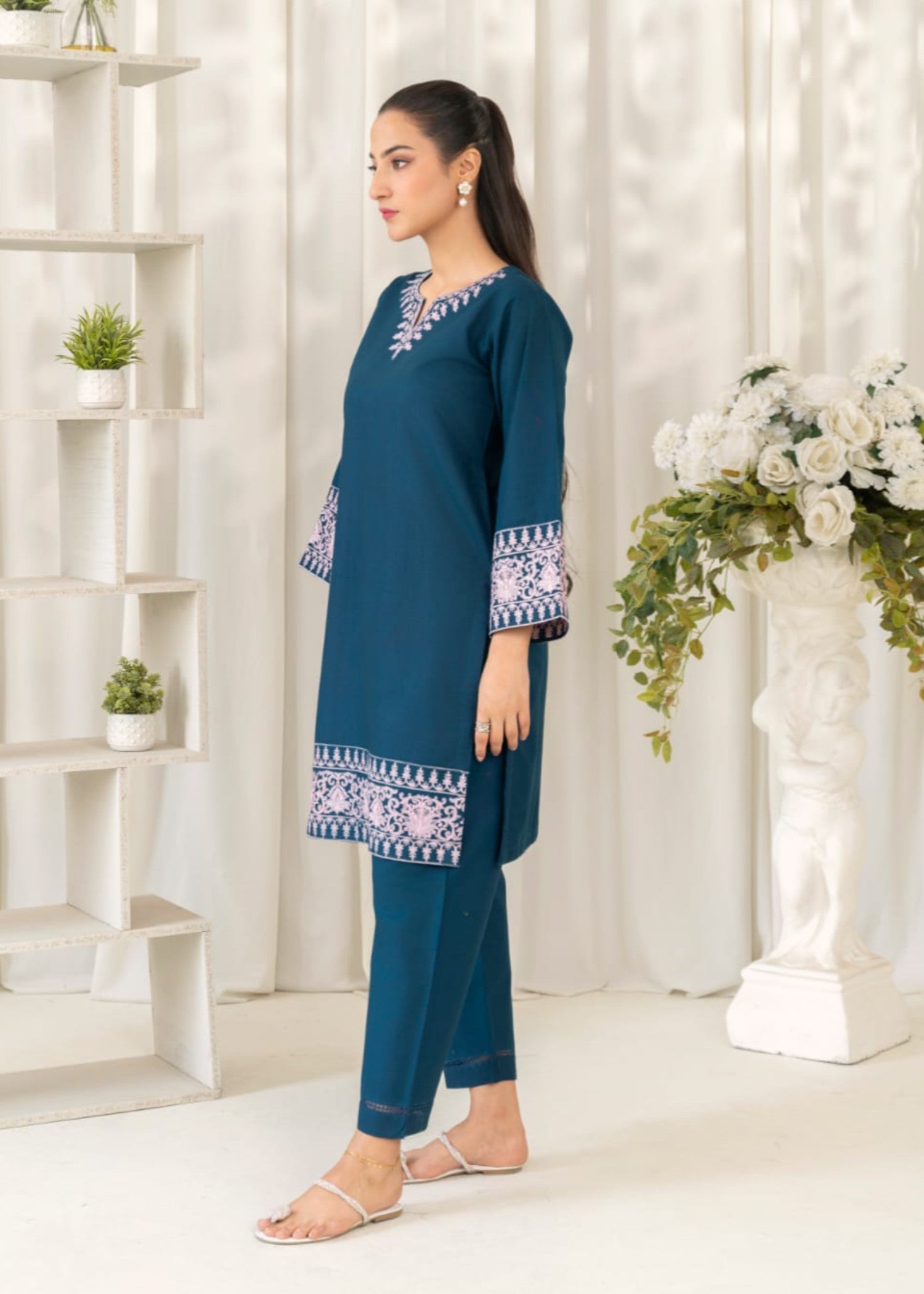 slub khaddar Kurta Set in Teal