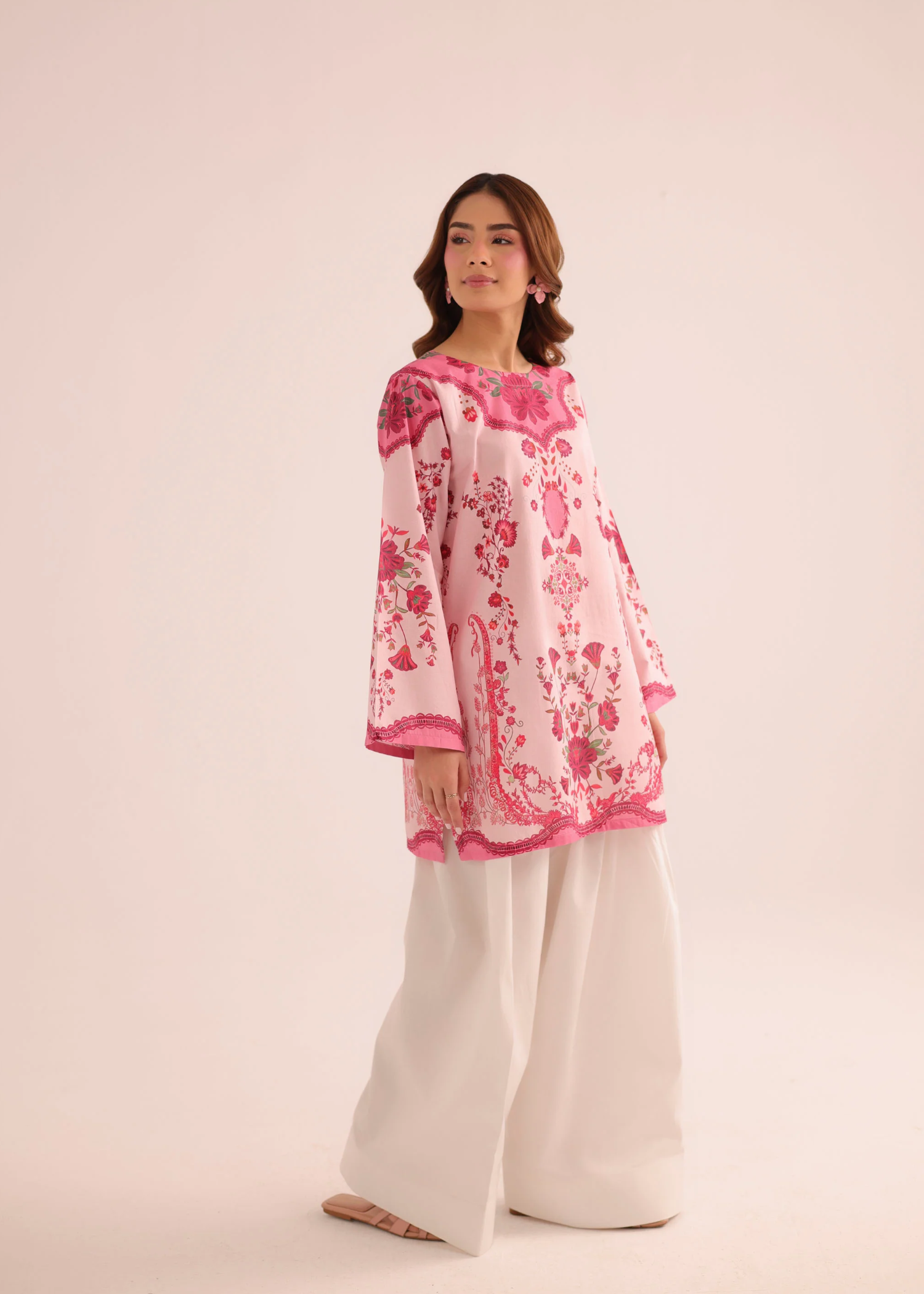 poly lawn Kurti in Raspberry pink