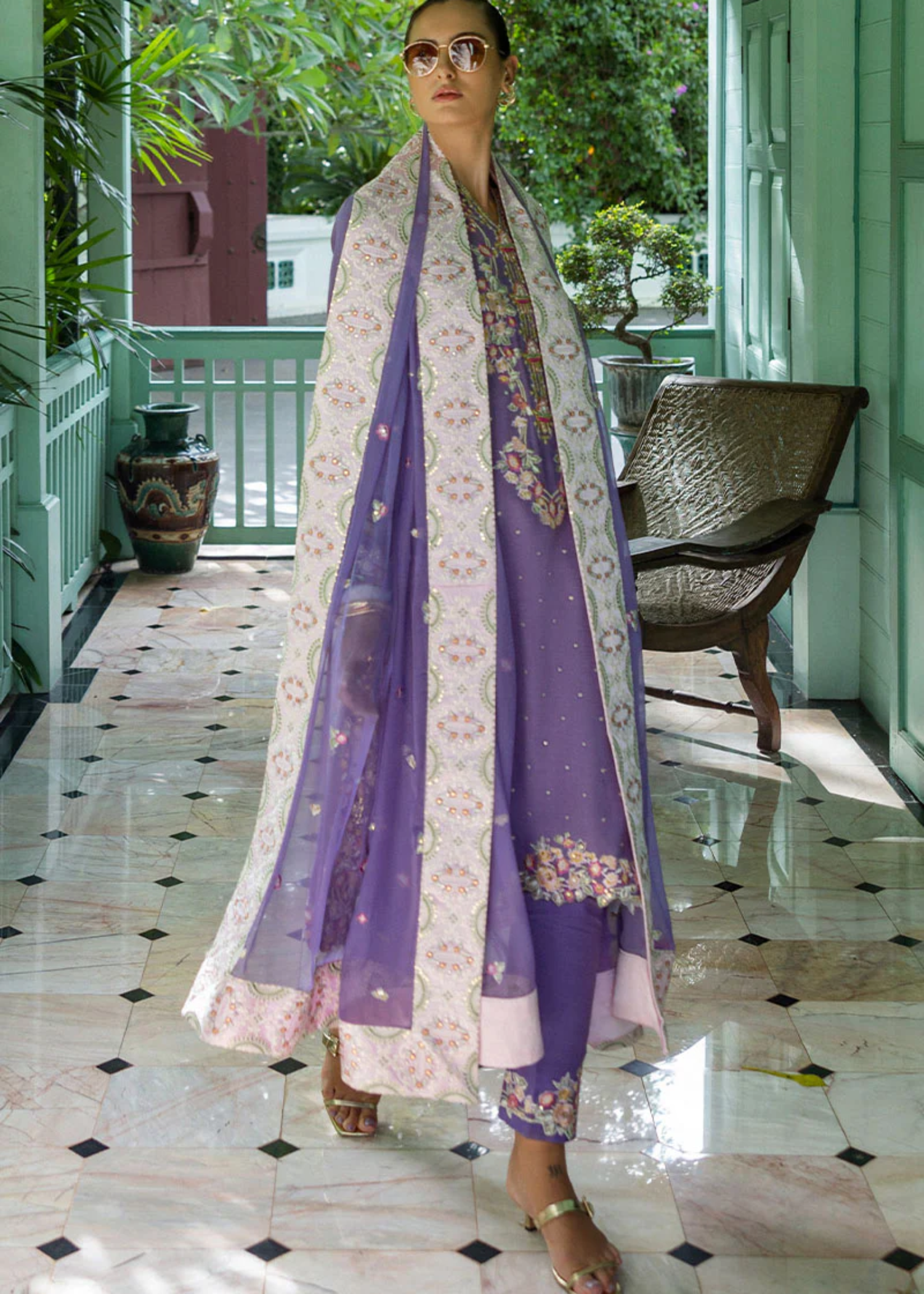 raw silk Kurta Set in Bright lavender