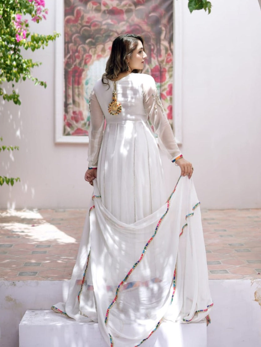 polyester chiffon Pishwas in White