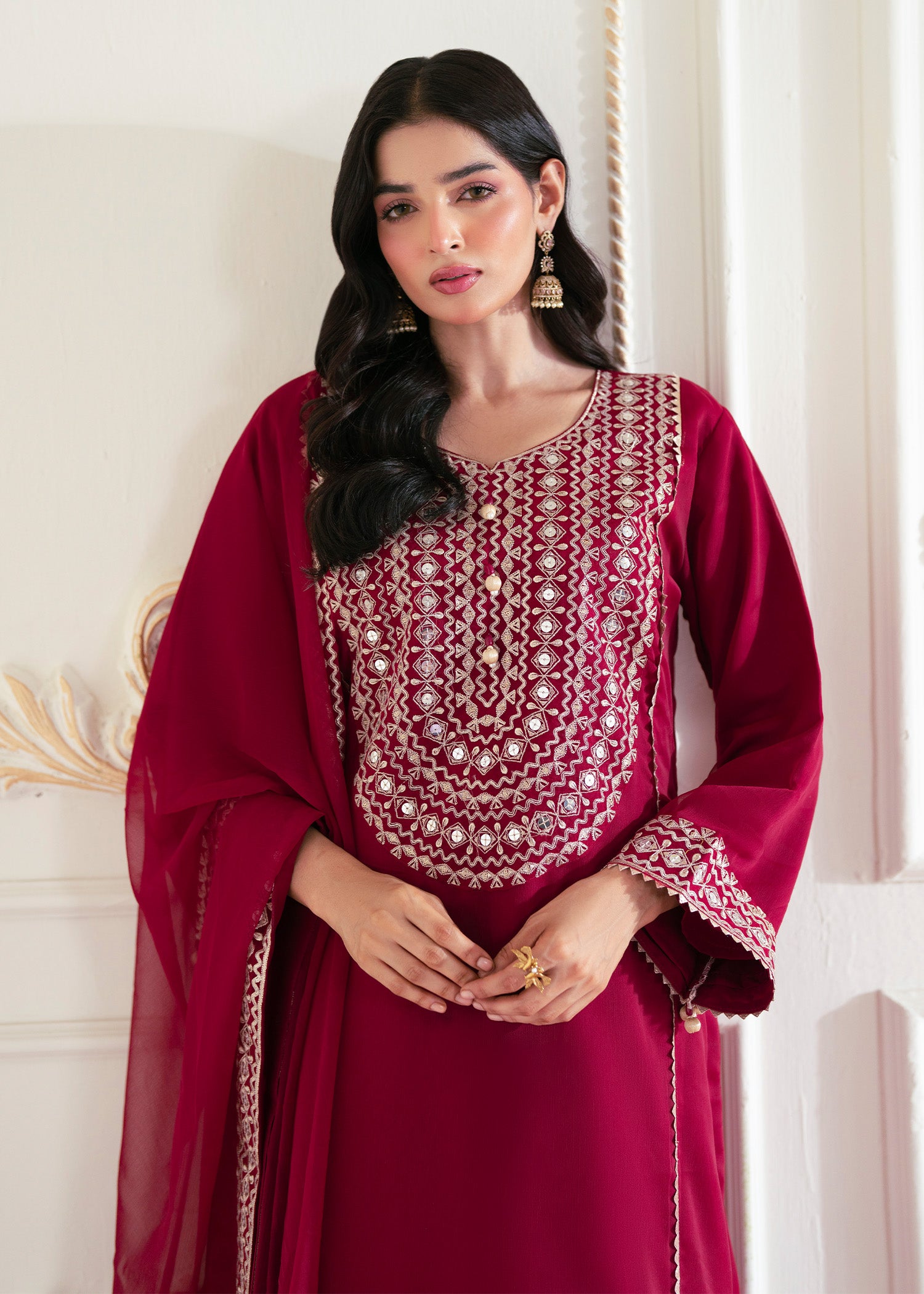 silk Kurta Set in Ruby red