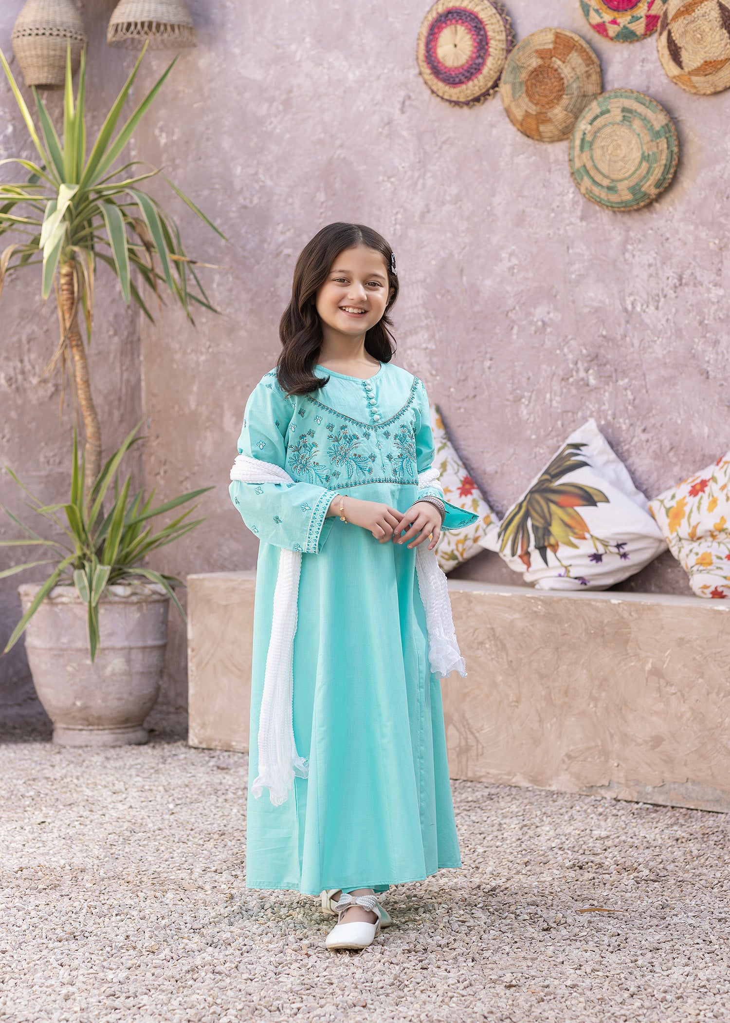 cotton Anarkali in Aquamarine