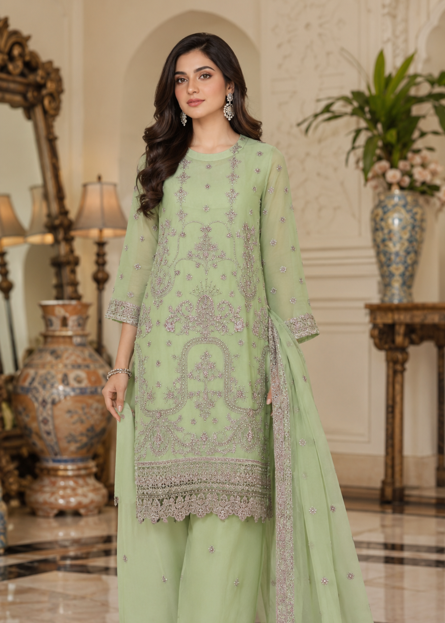 chiffon Kurta Set in Pistachio green