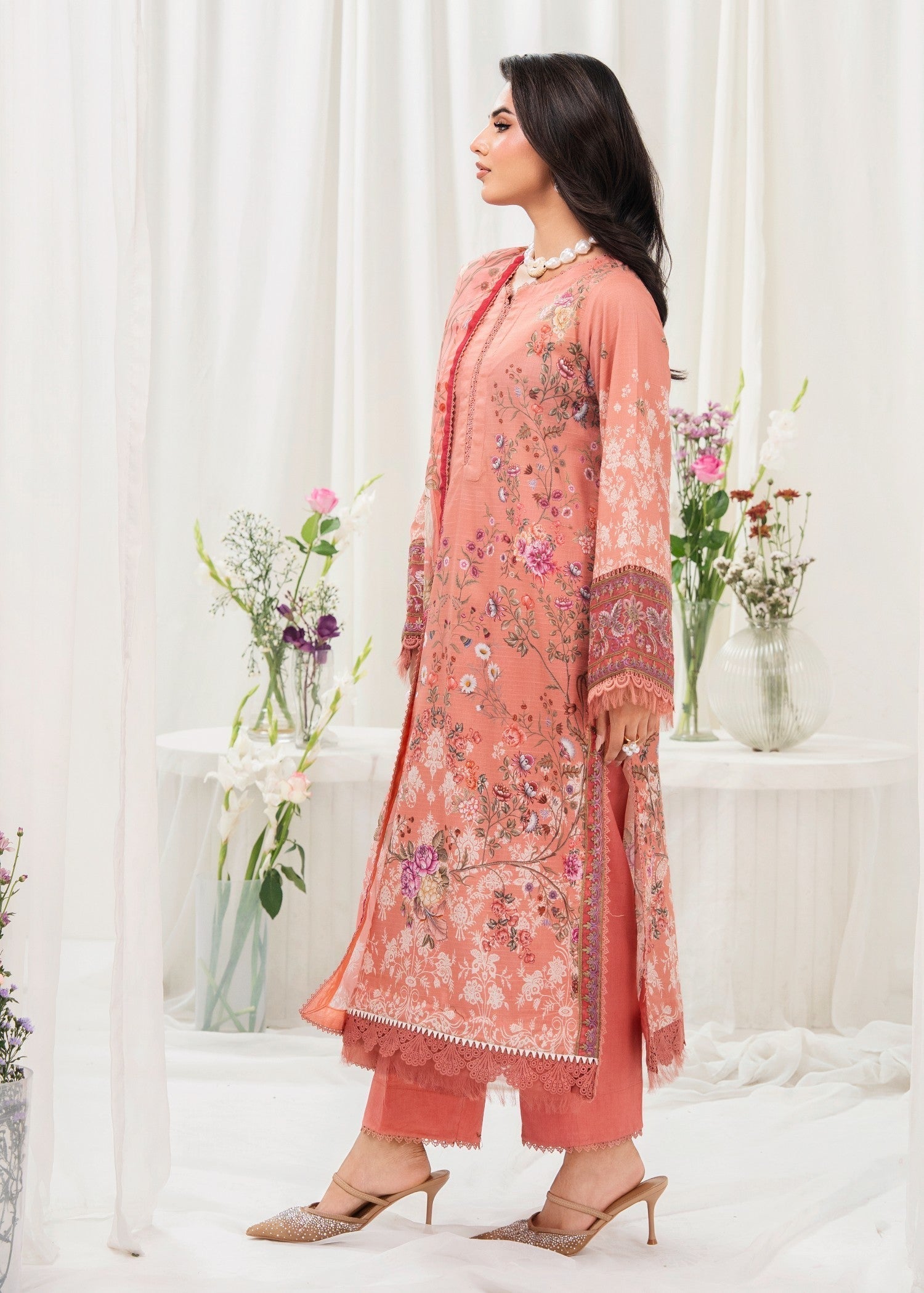 lawn Kurta Set in Apricot orange