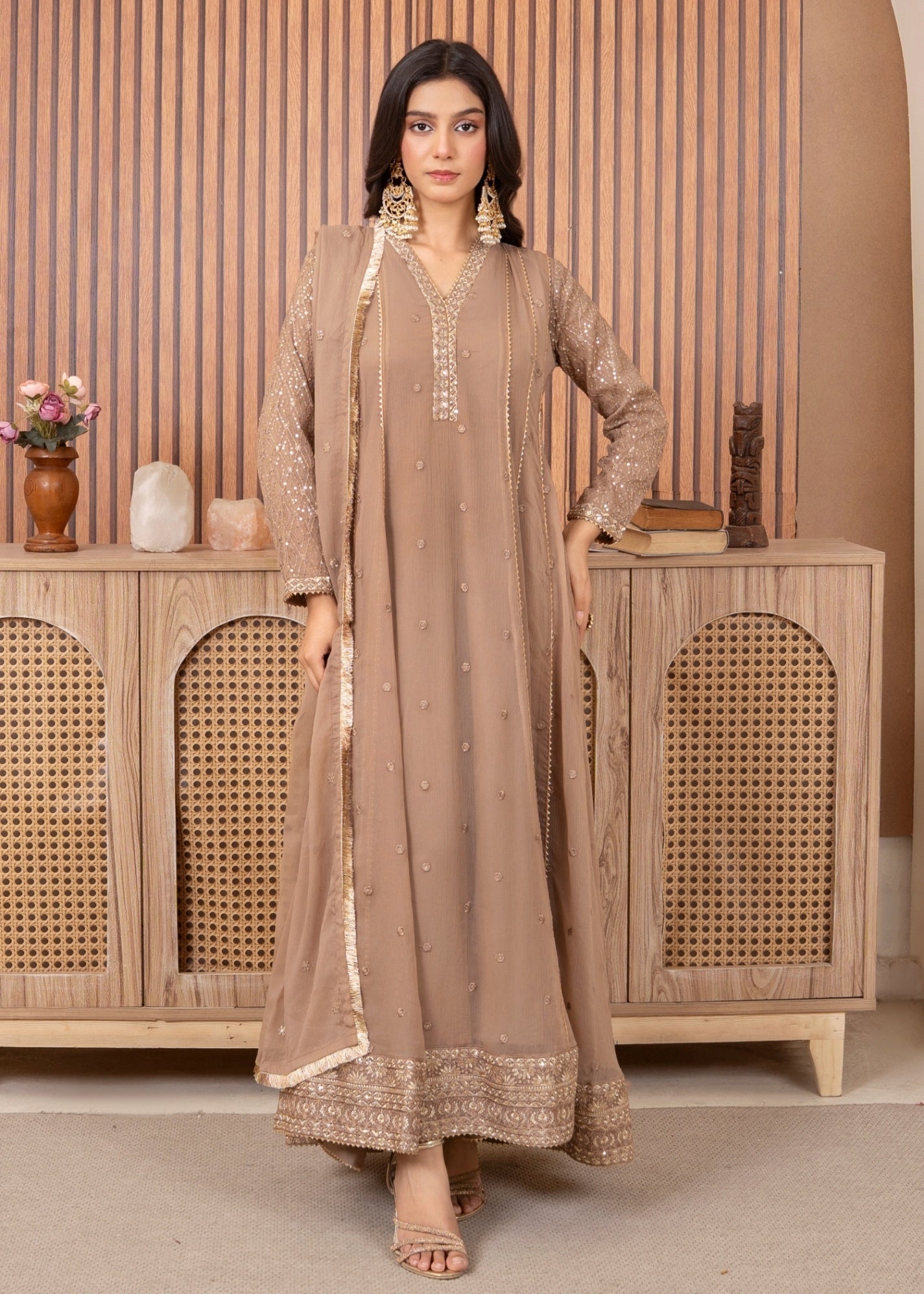 chiffon Pishwas in Camel brown