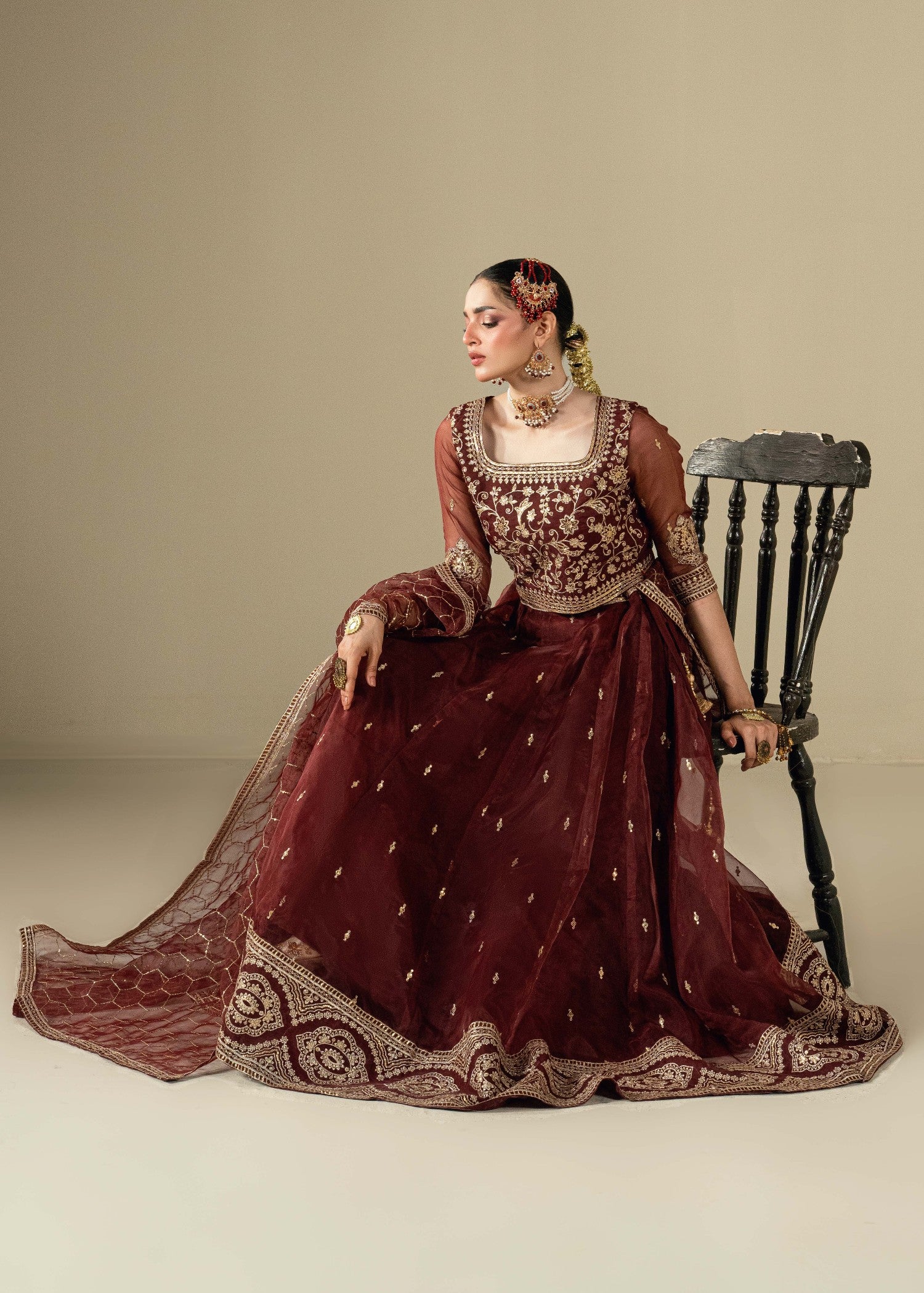 organza Lehenga in Maroon