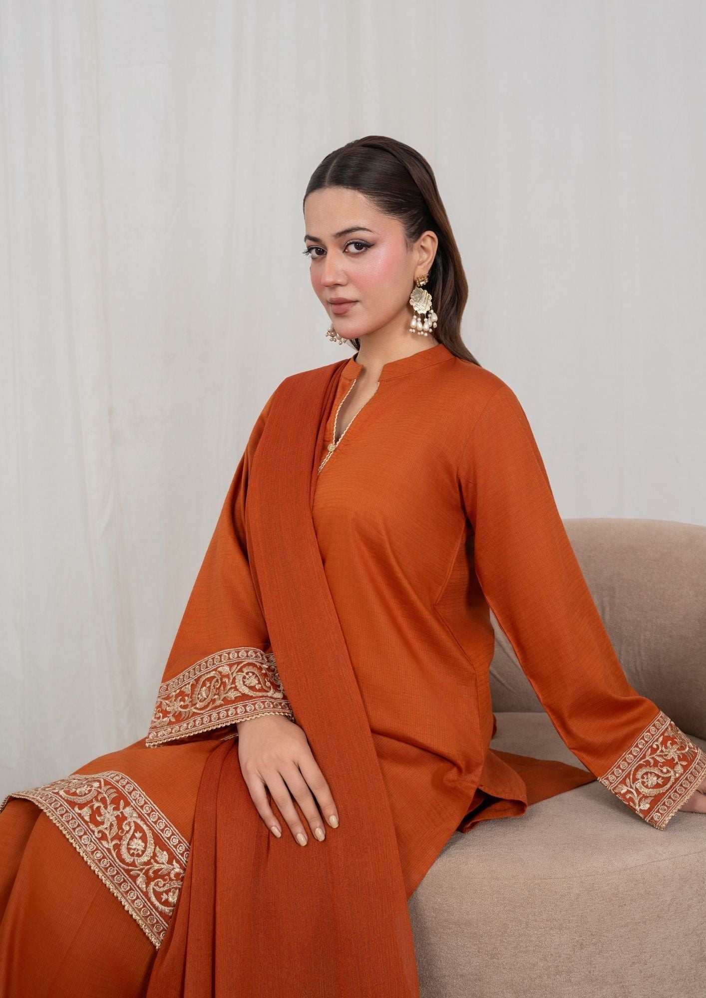 lawn Kurta Set in Rust orange