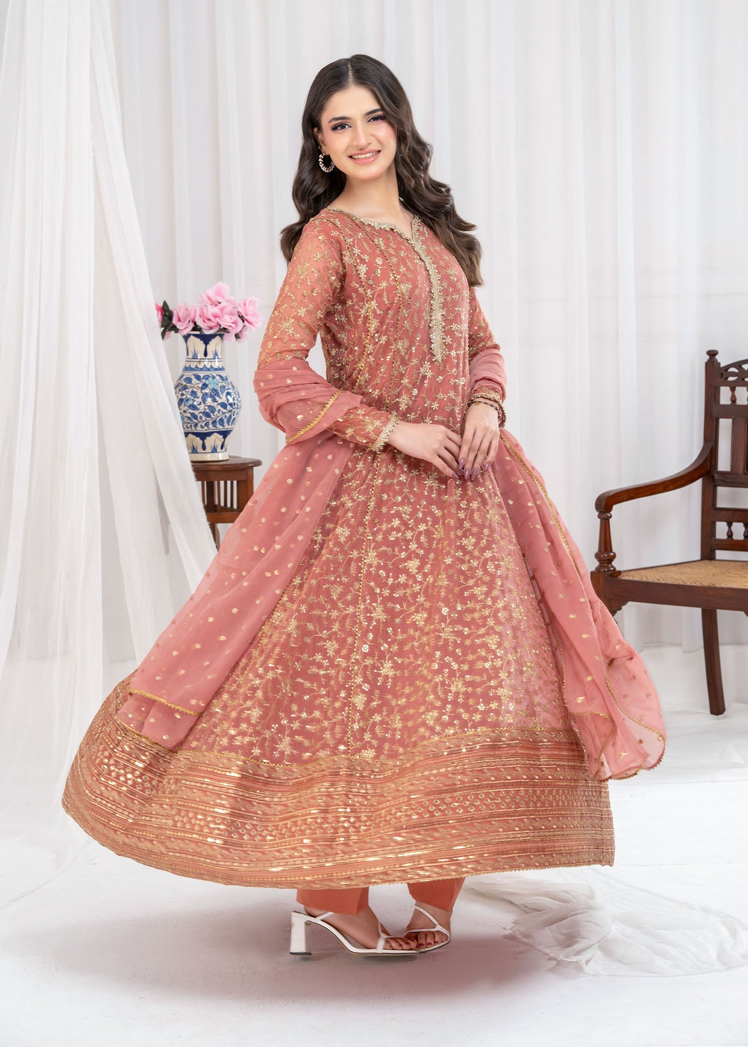 chiffon Pishwas in Coral pink