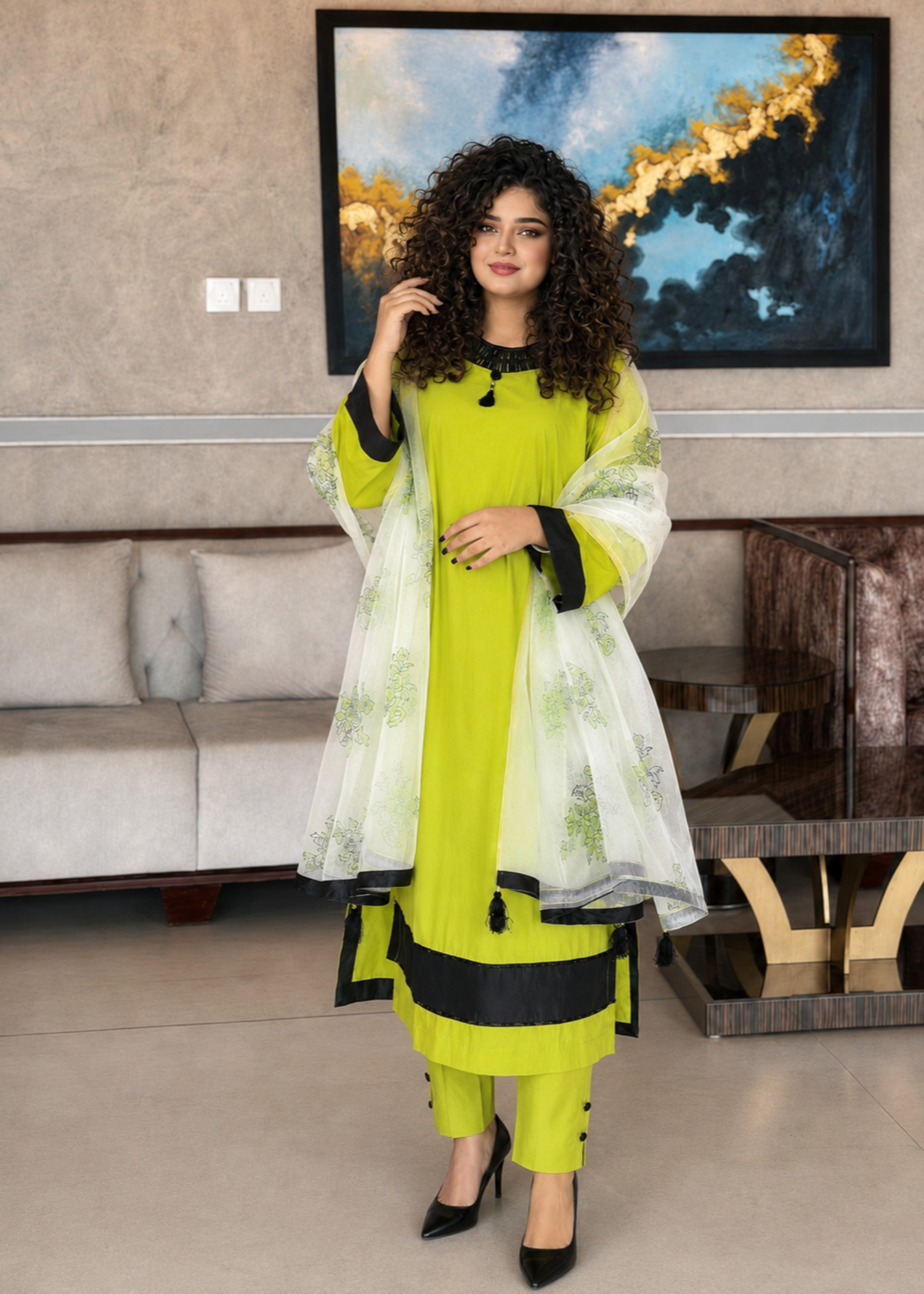 lawn cotton Kurta Set in Bright green