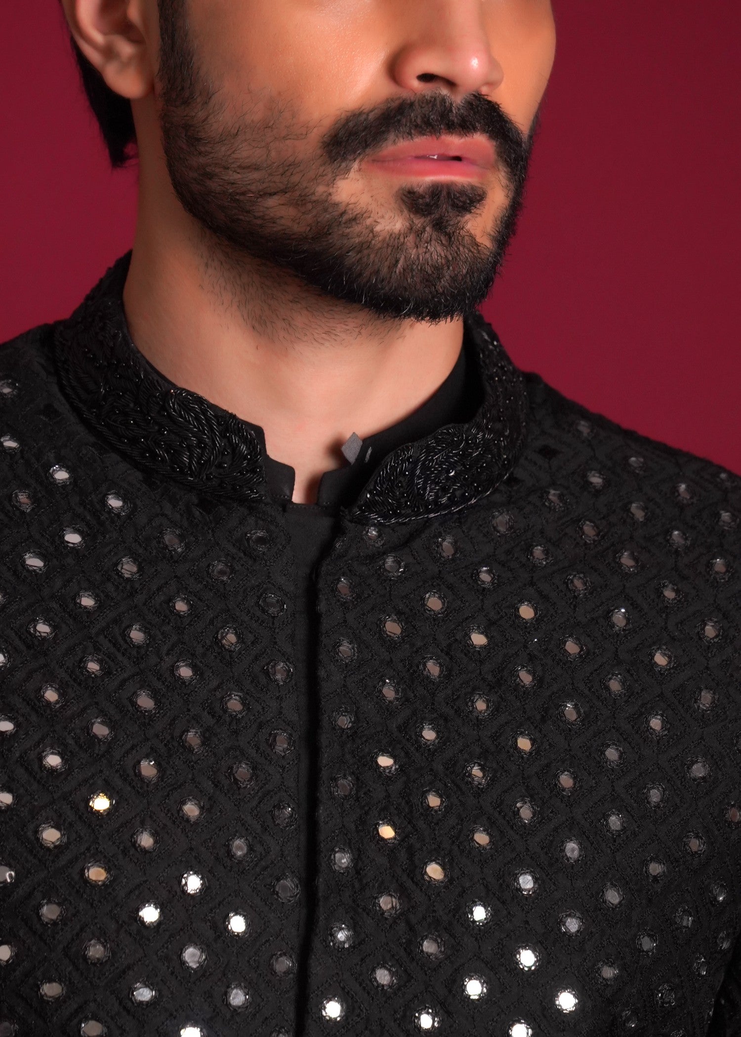 korean raw silk Sherwani in Black