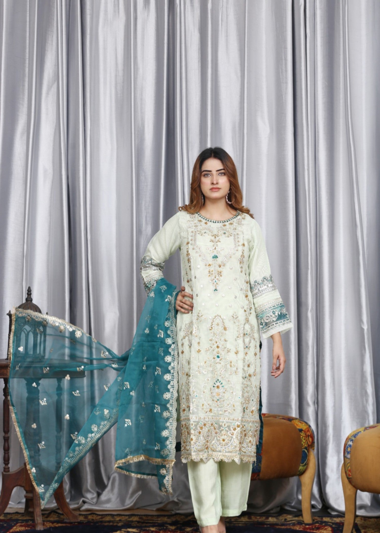 organza Kurta Set in Moss green
