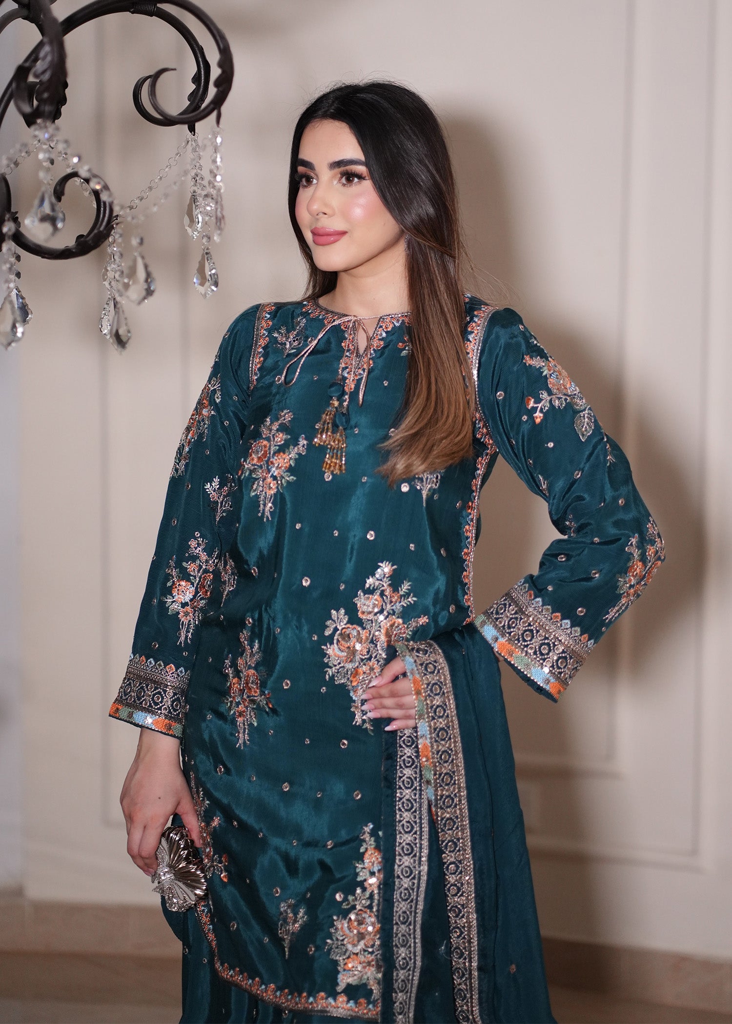 silk Kurta Set in Teal